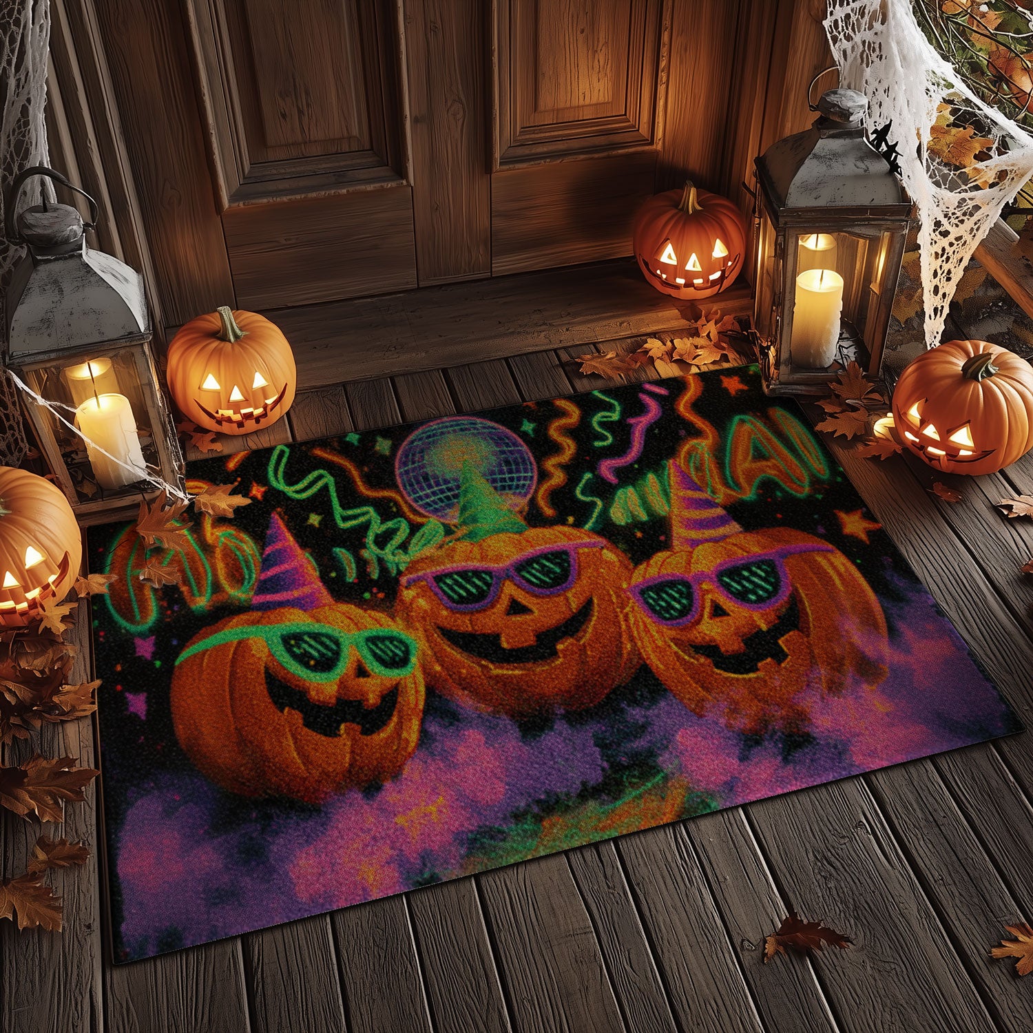 Blacklight Halloween Pumpkin Welcome Mat