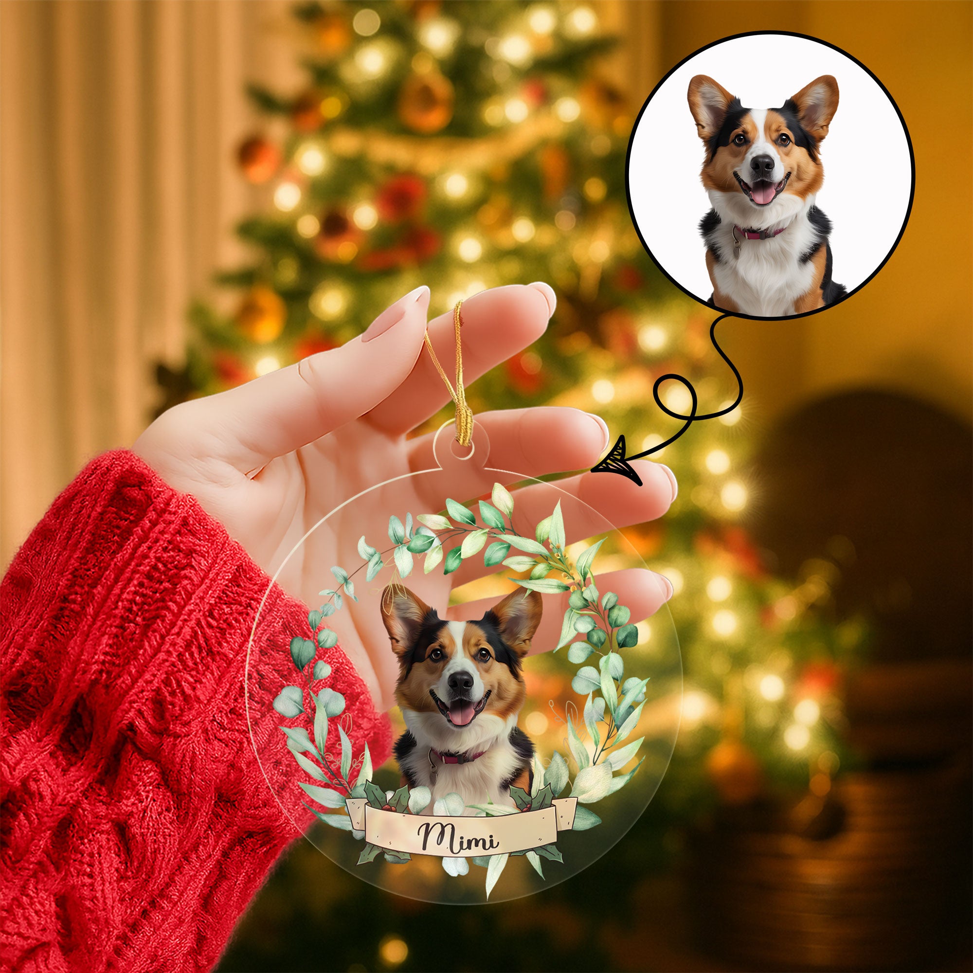Cool Green Leaf Border Dog/Cat Photo Printed Christmas Ornament