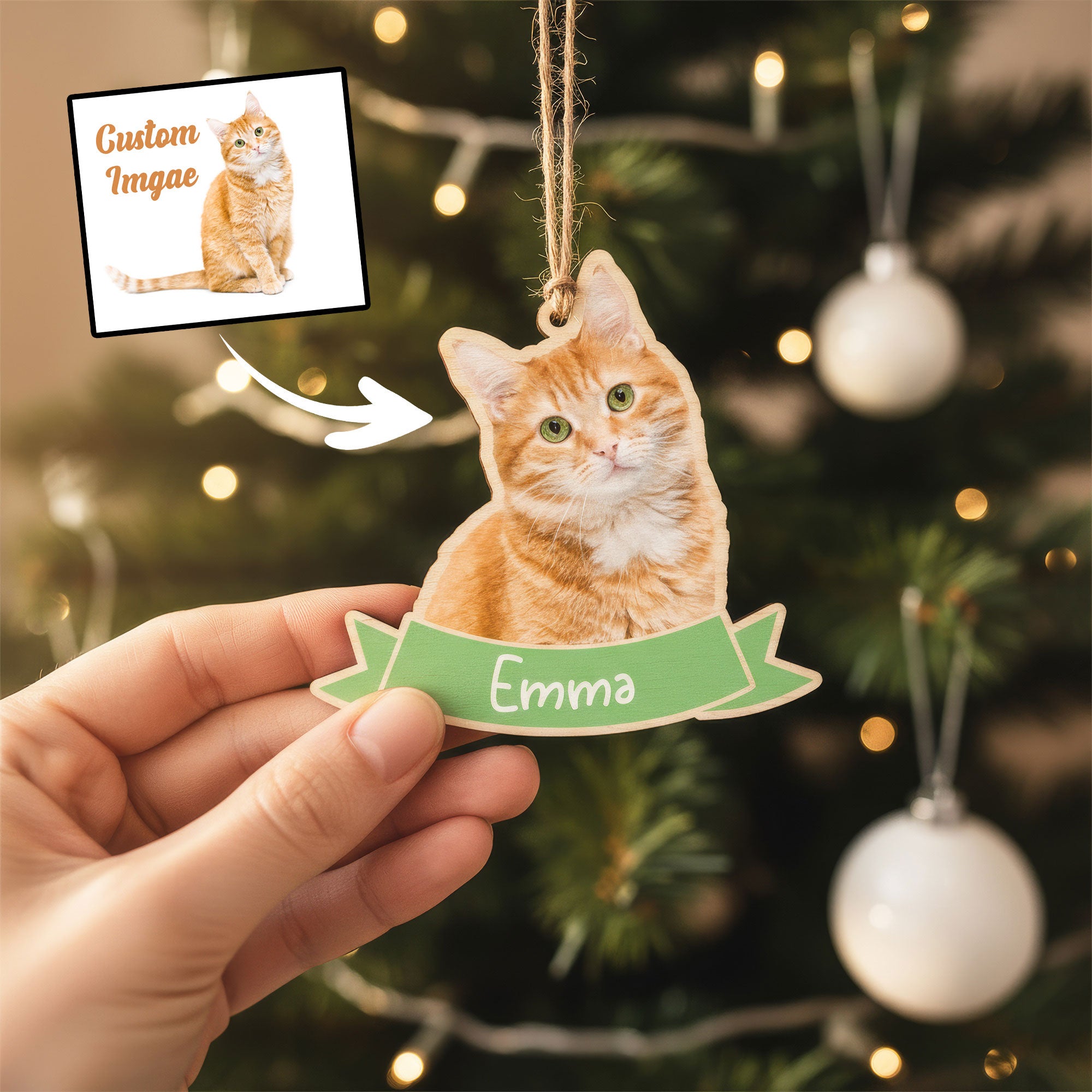 Custom Cat Photo Wood Ornament with Green Name Banner