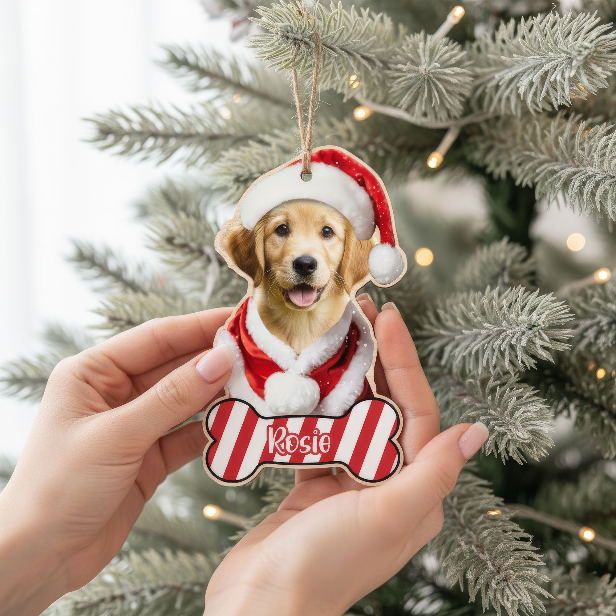 Custom Dog Photo Santa Suit Ornament with Candy Cane Bone Tag