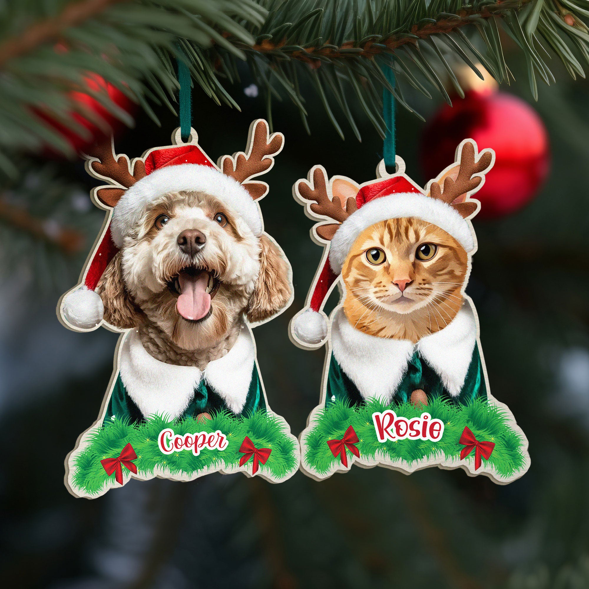 Custom Pet Couple Elf & Reindeer Christmas Ornaments