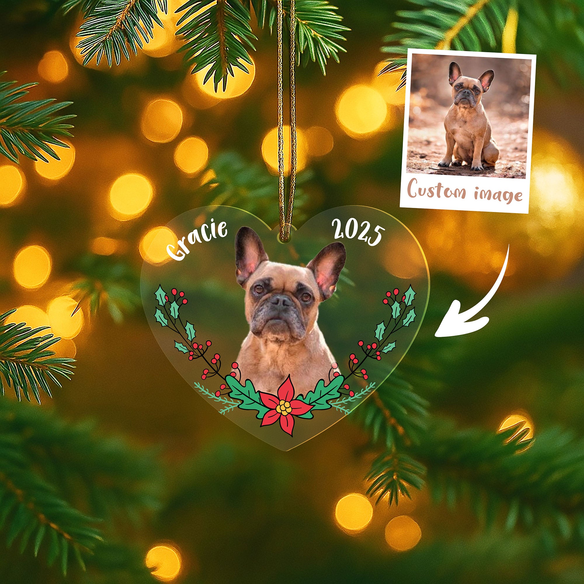 Custom Pet Ornament with Holly Leaves & Poinsettia Tones