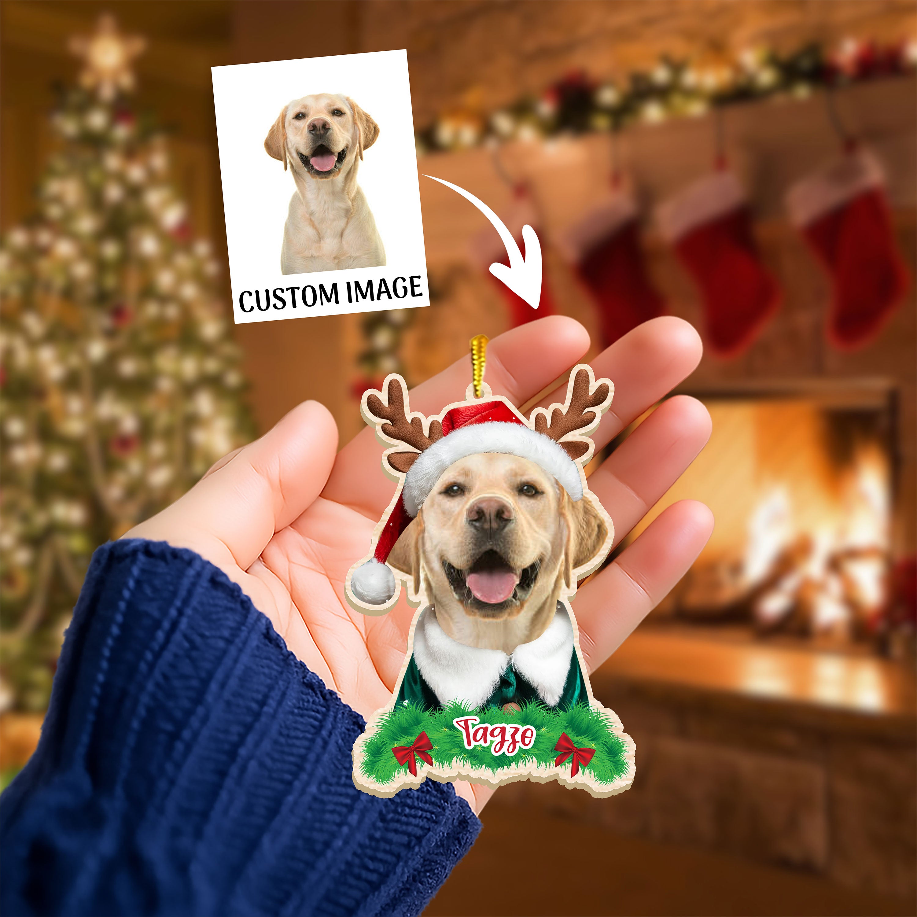 Custom Pet Photo Elf & Reindeer Christmas Ornament