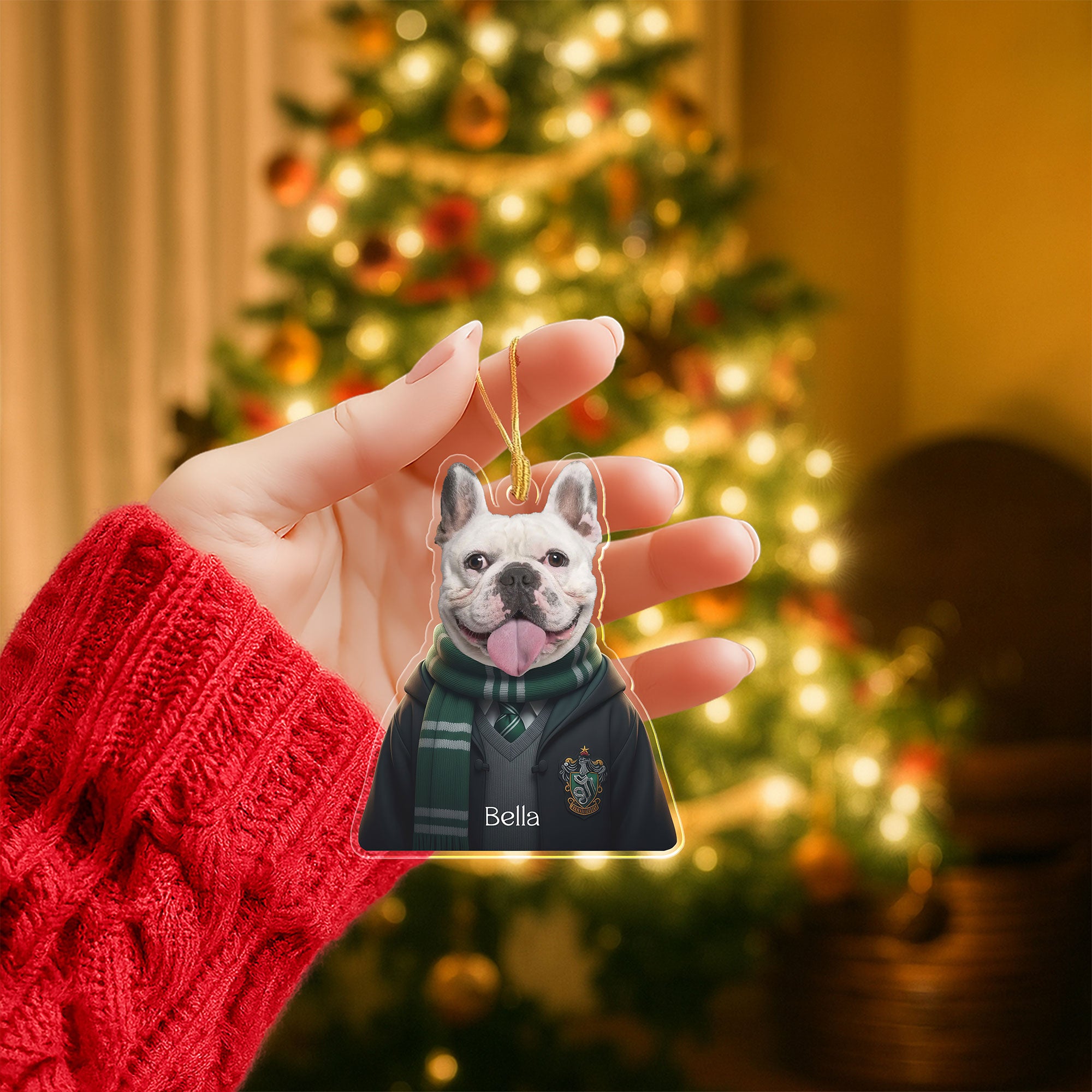 Custom Pet Photo Magic School Costume Ornament β Green Silver Scarf