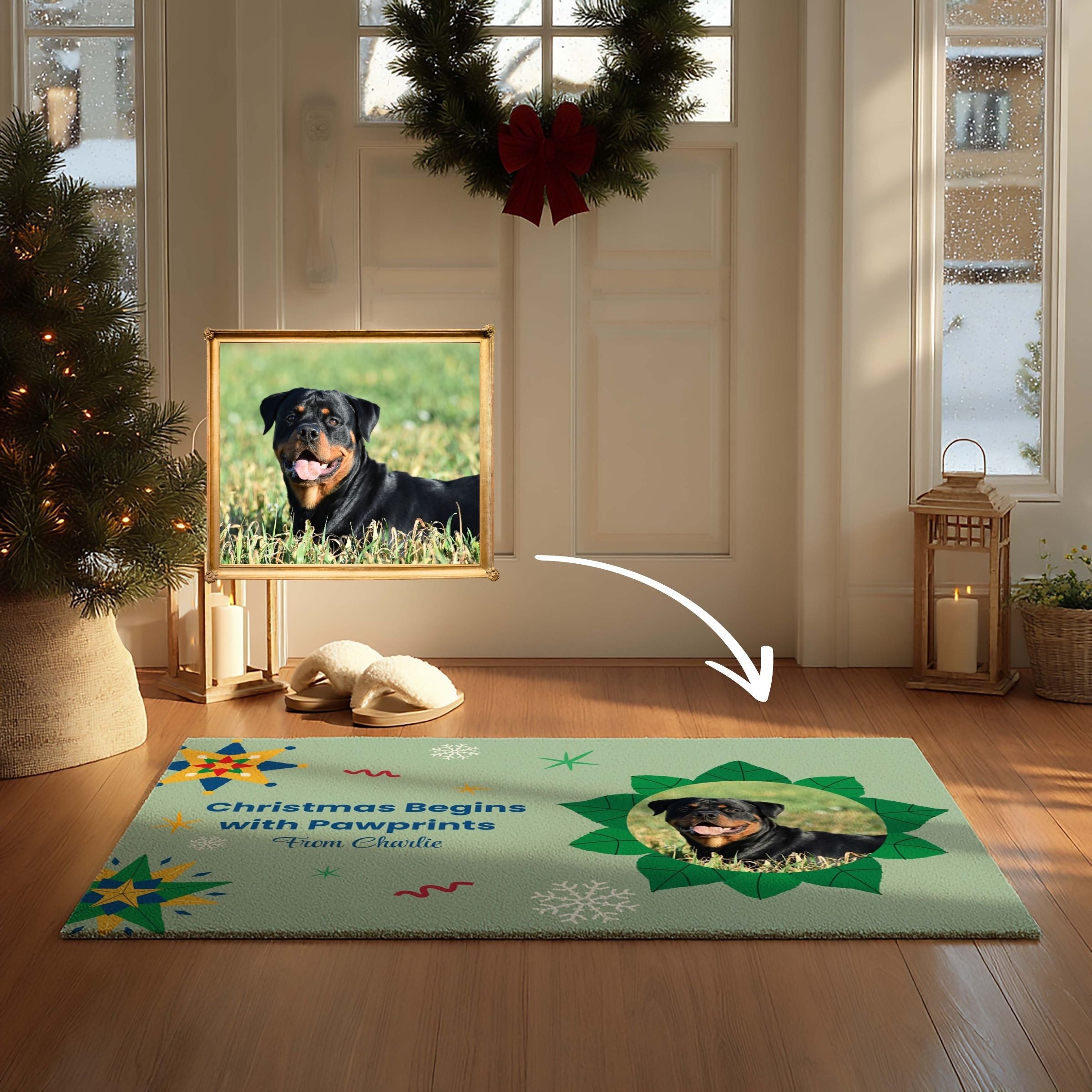 Custom Pet Doormat - Contemporary Christmas Star & Holly Design