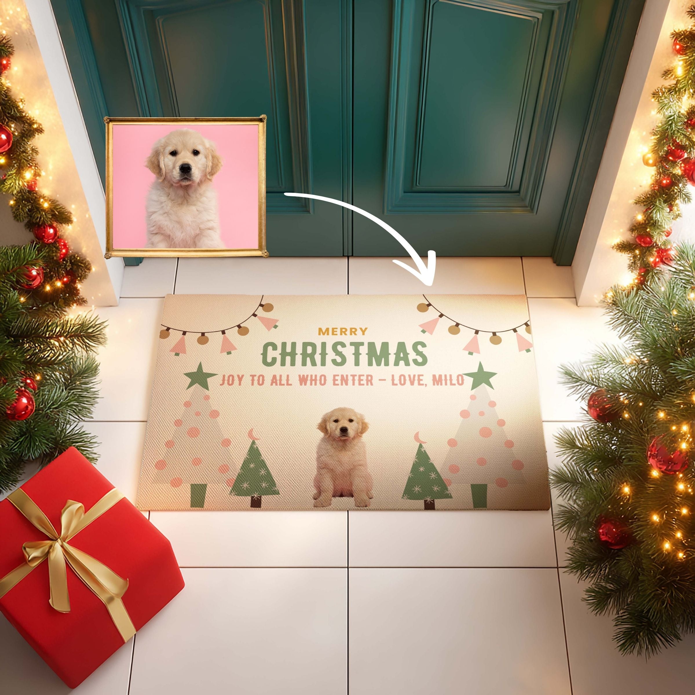 Custom Pet Doormat - Mint & Pink Pastel Christmas Decor