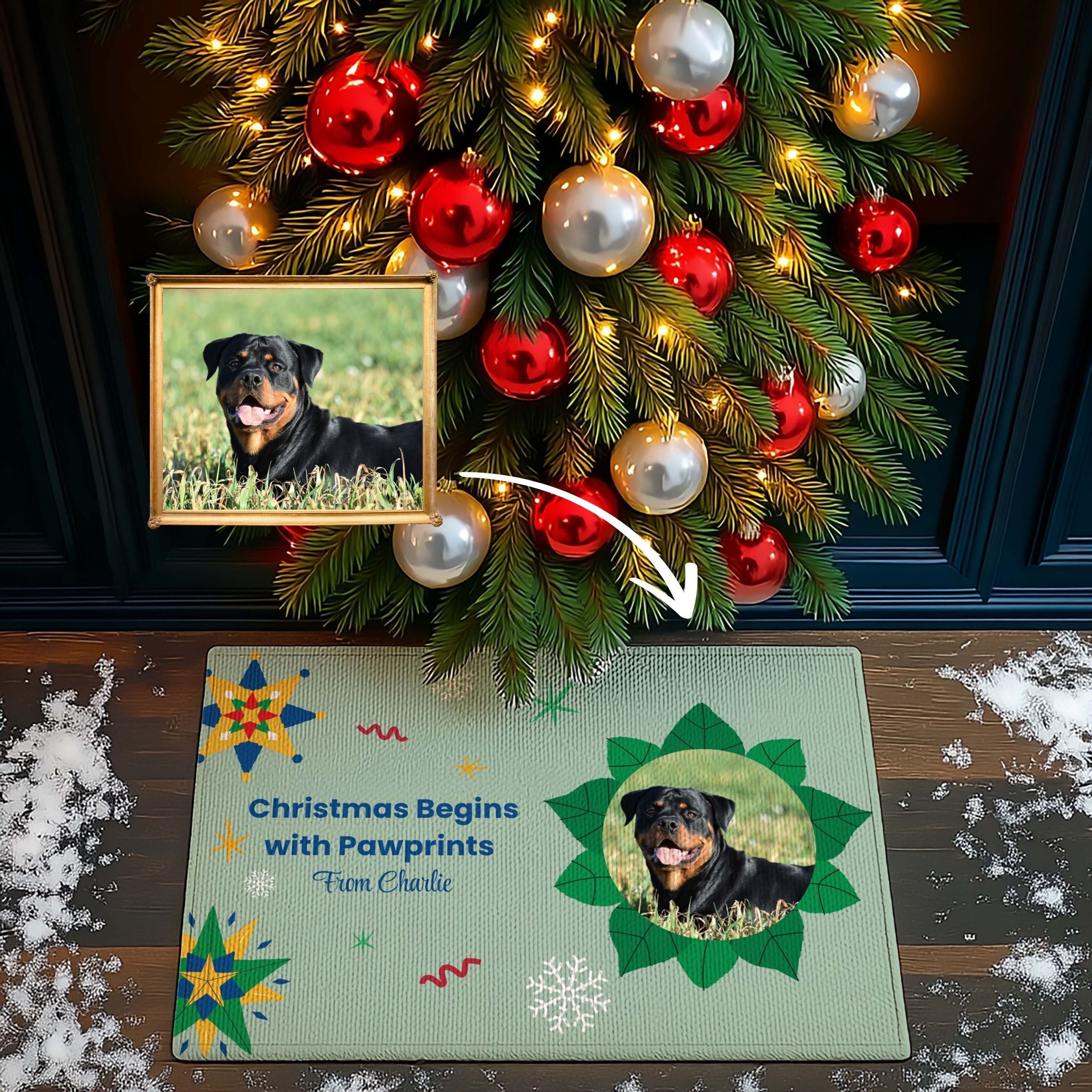 Custom Pet Photo Doormat - Christmas Begins with Pawprints Mat
