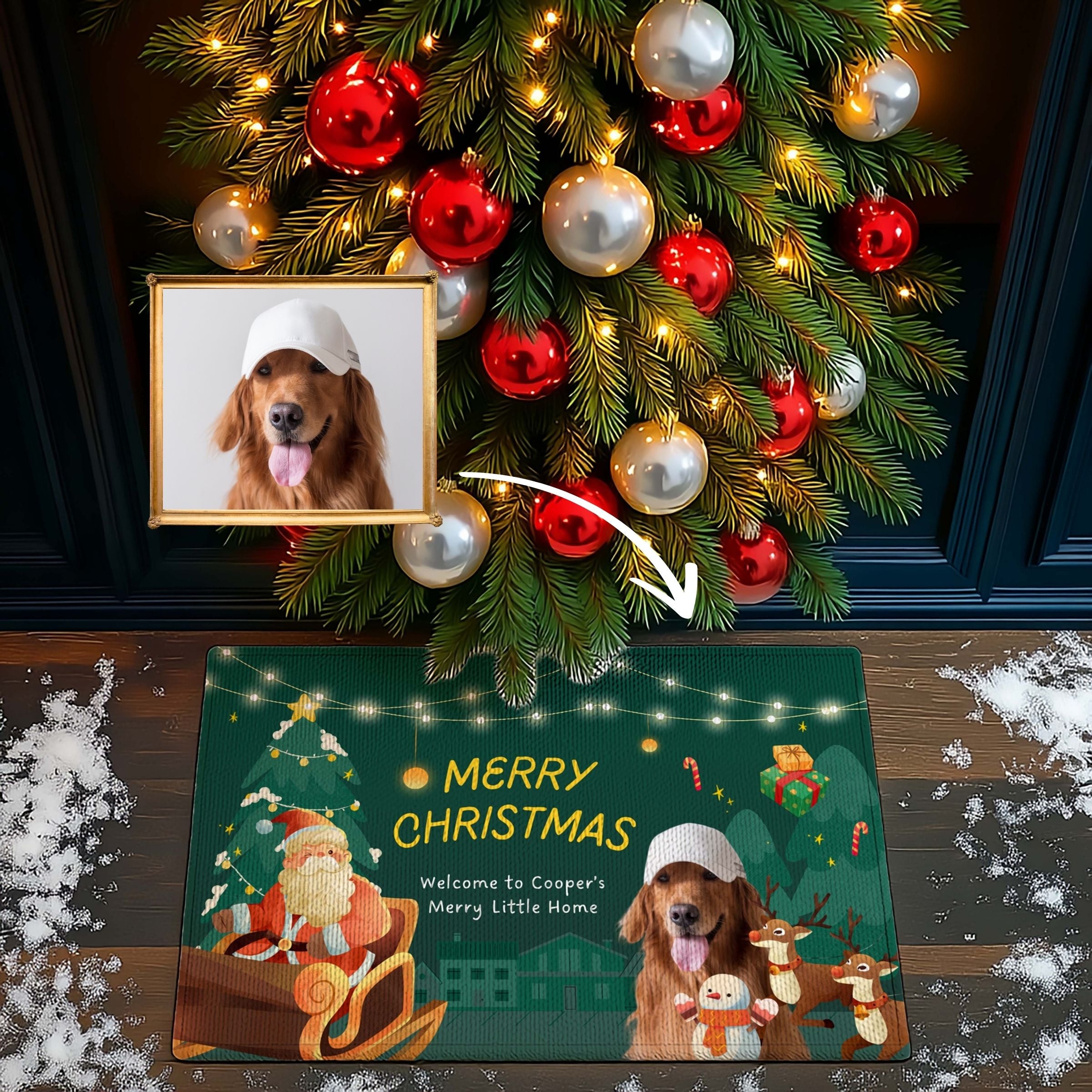 Emerald Green Custom Pet Photo Doormat - Christmas Village Scene