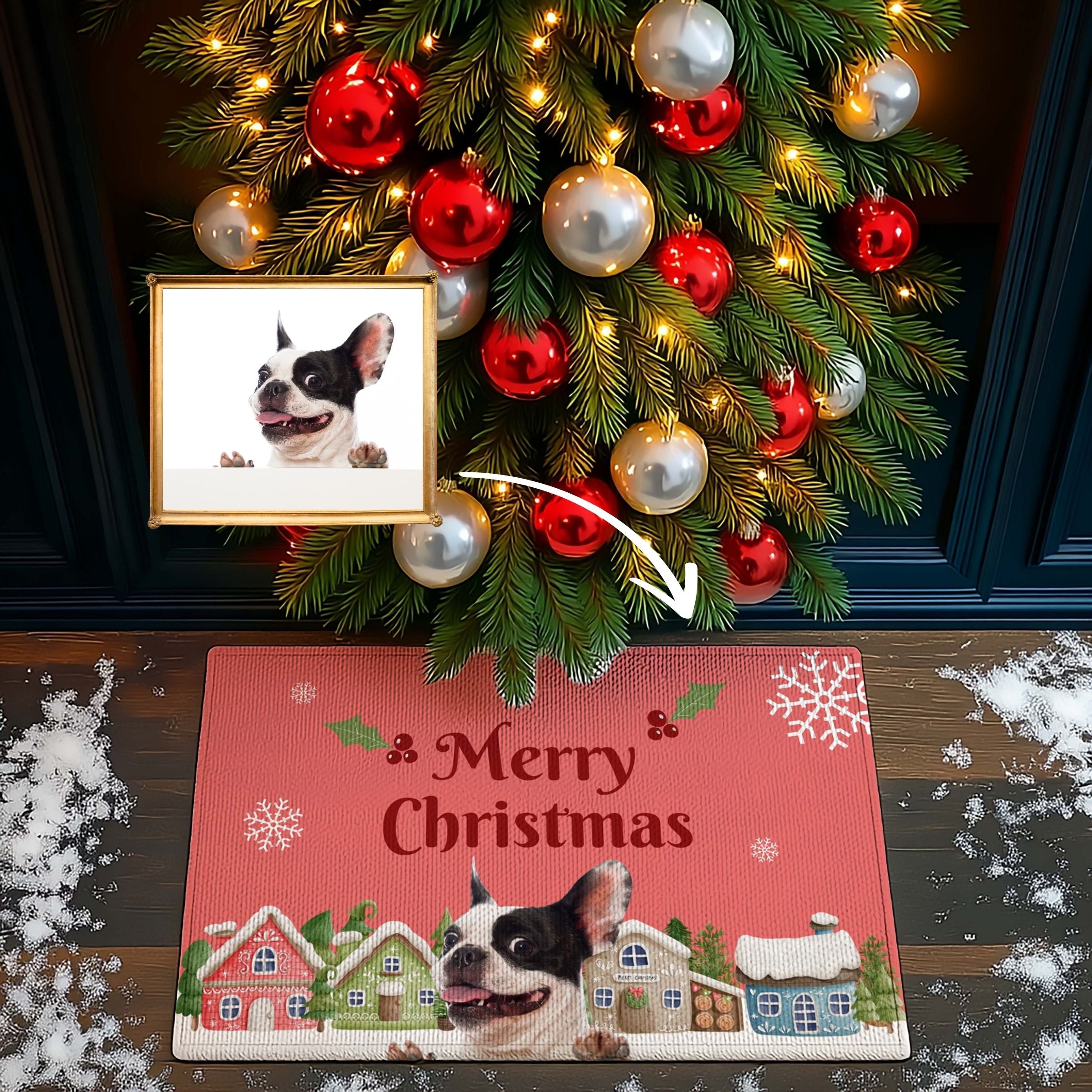 Custom Pet Photo Doormat - Cozy Christmas Village & Snow