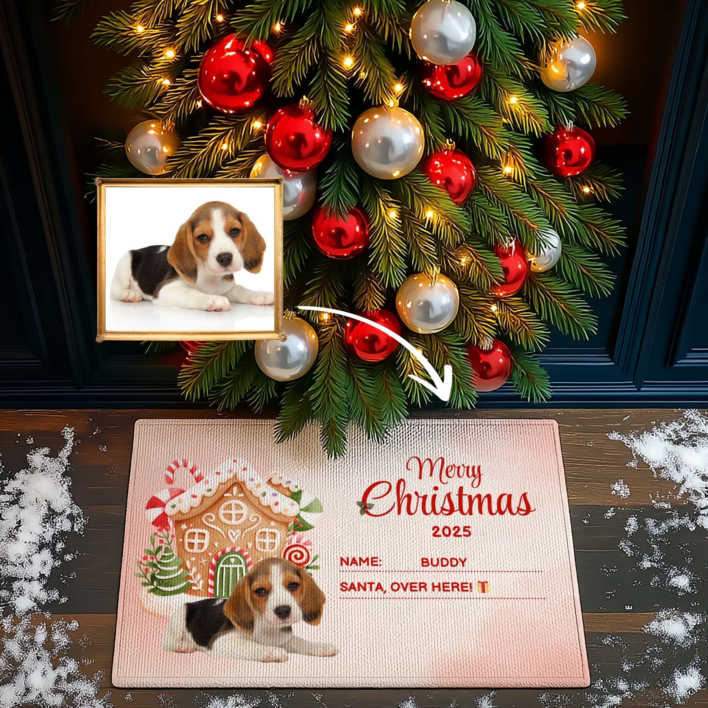Custom Pet Photo Doormat - Ginger Bread House & Soft Pink Christmas