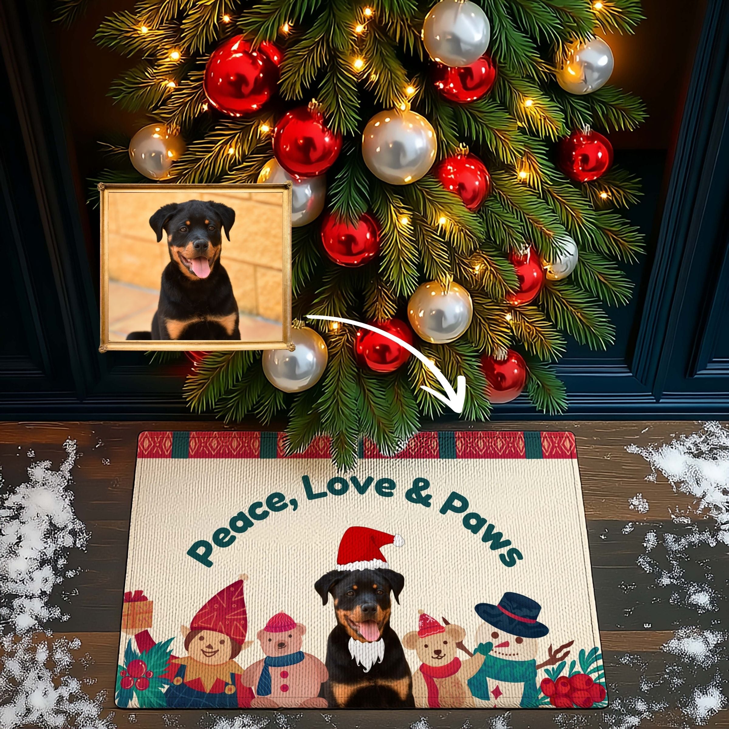 Custom Pet Photo Doormat - Peace, Love & Paws Holiday Mat
