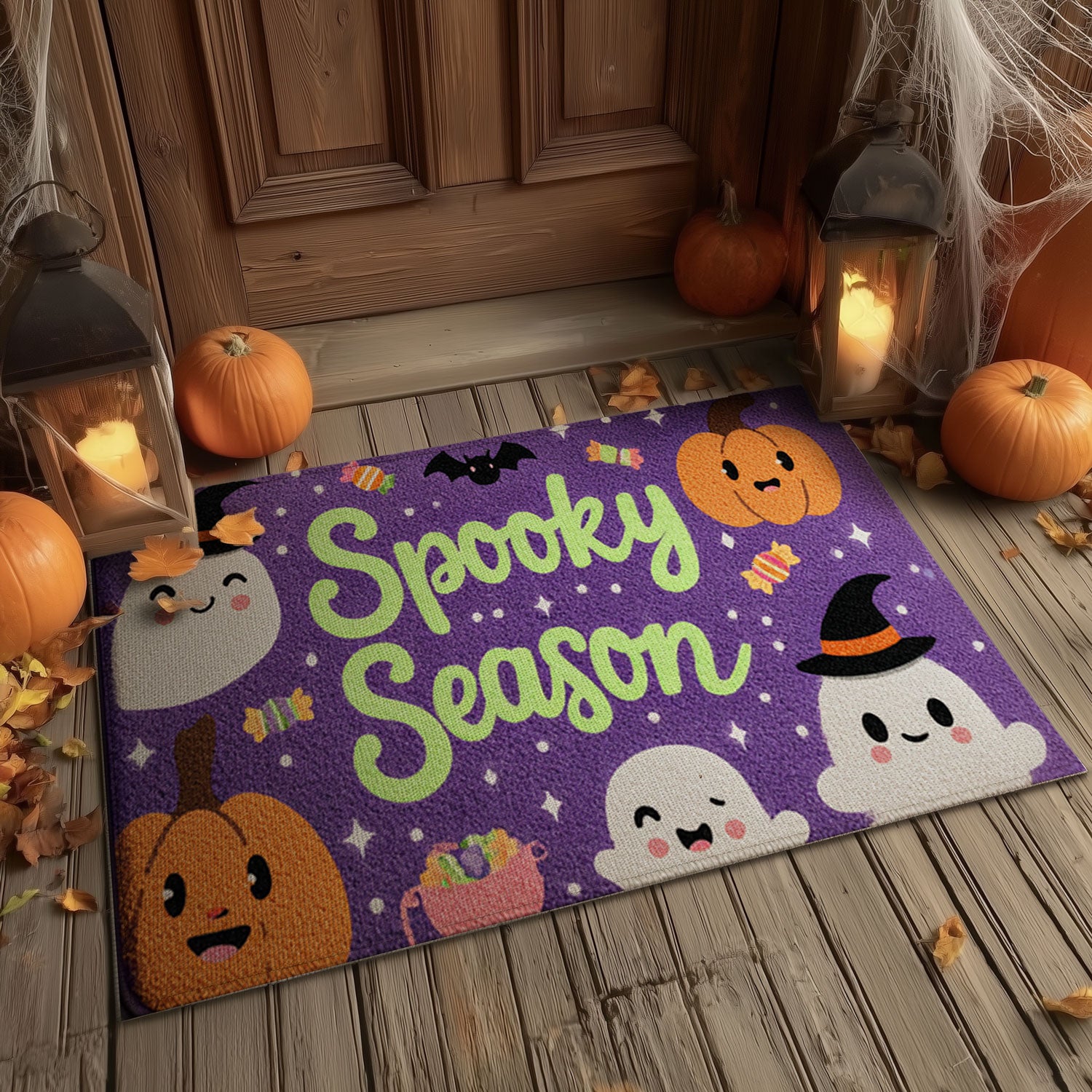 Cute Ghost Trio & Pumpkin – Spooky Season Doormat