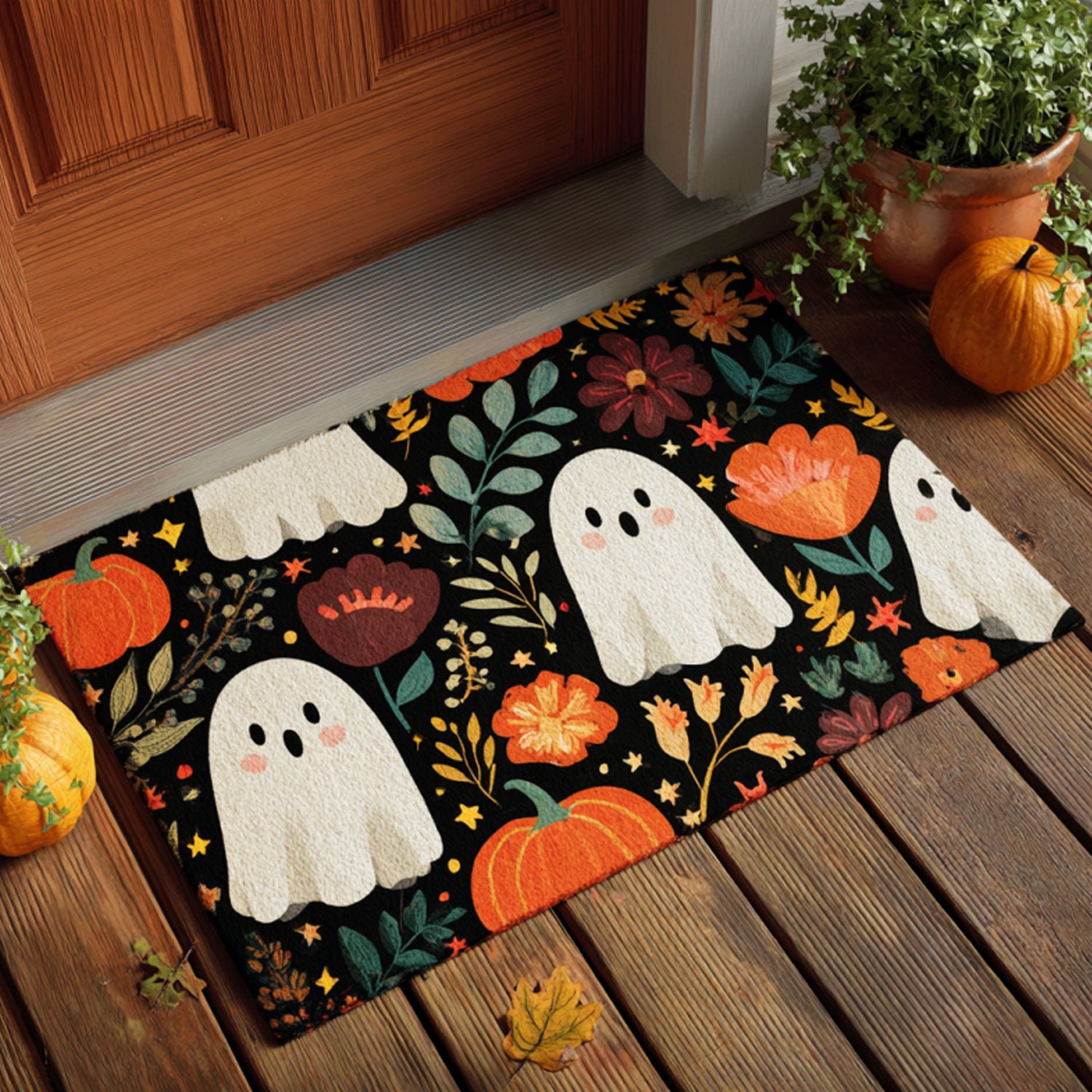 Cute Ghost & Fall Floral Halloween Doormat
