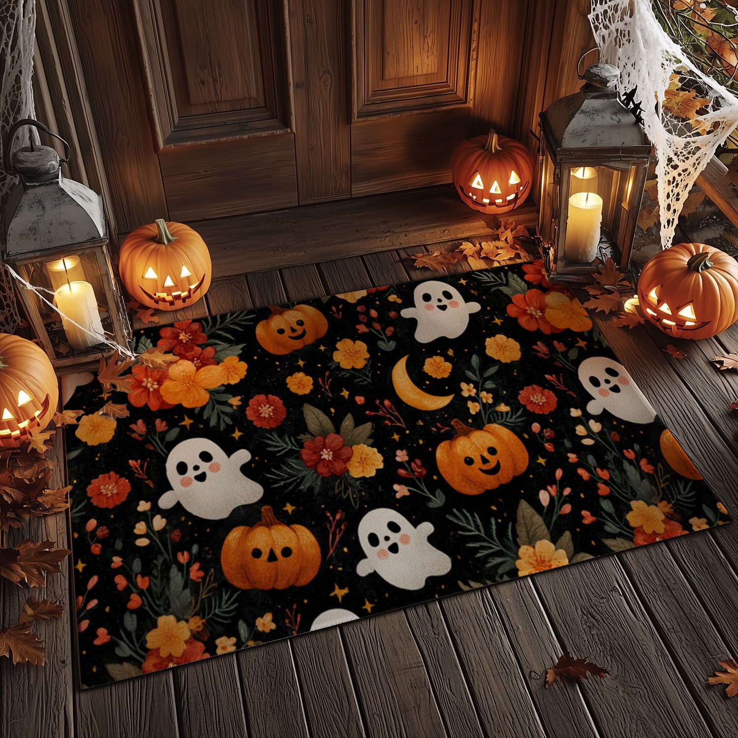 Cute Ghost & Pumpkin Floral Doormat