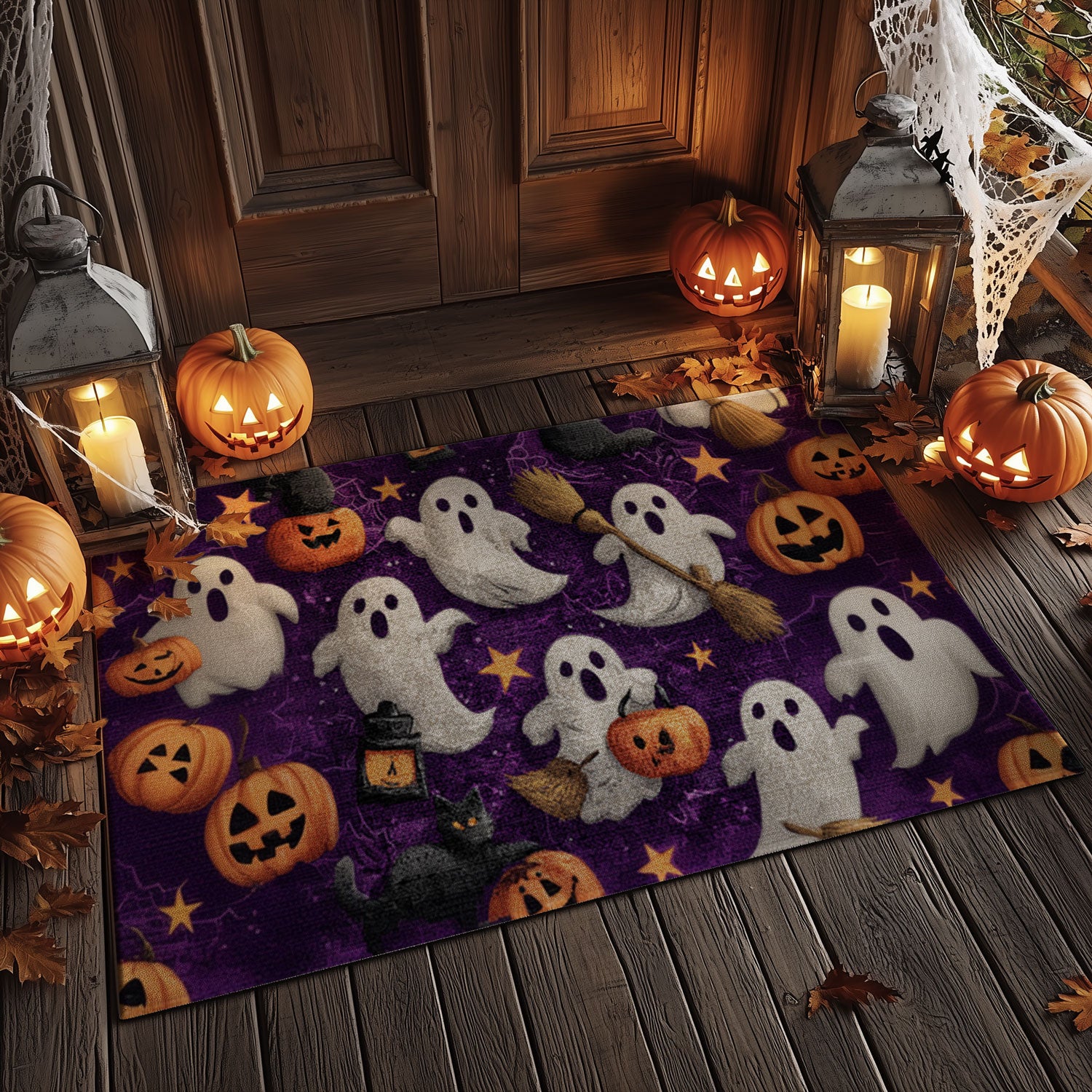 Cute Ghost & Pumpkin Purple Doormat
