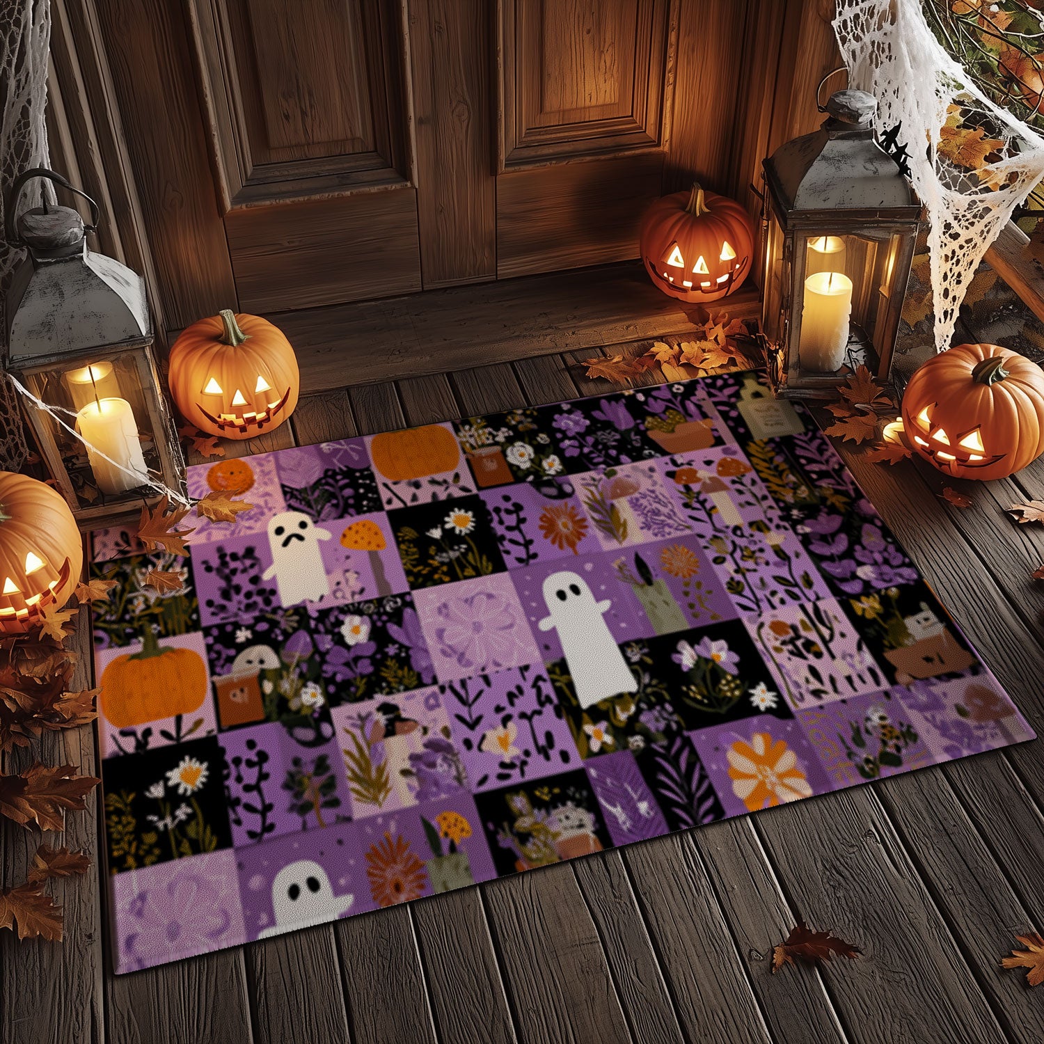 Dark Purple Ghost & Cat Patchwork Doormat