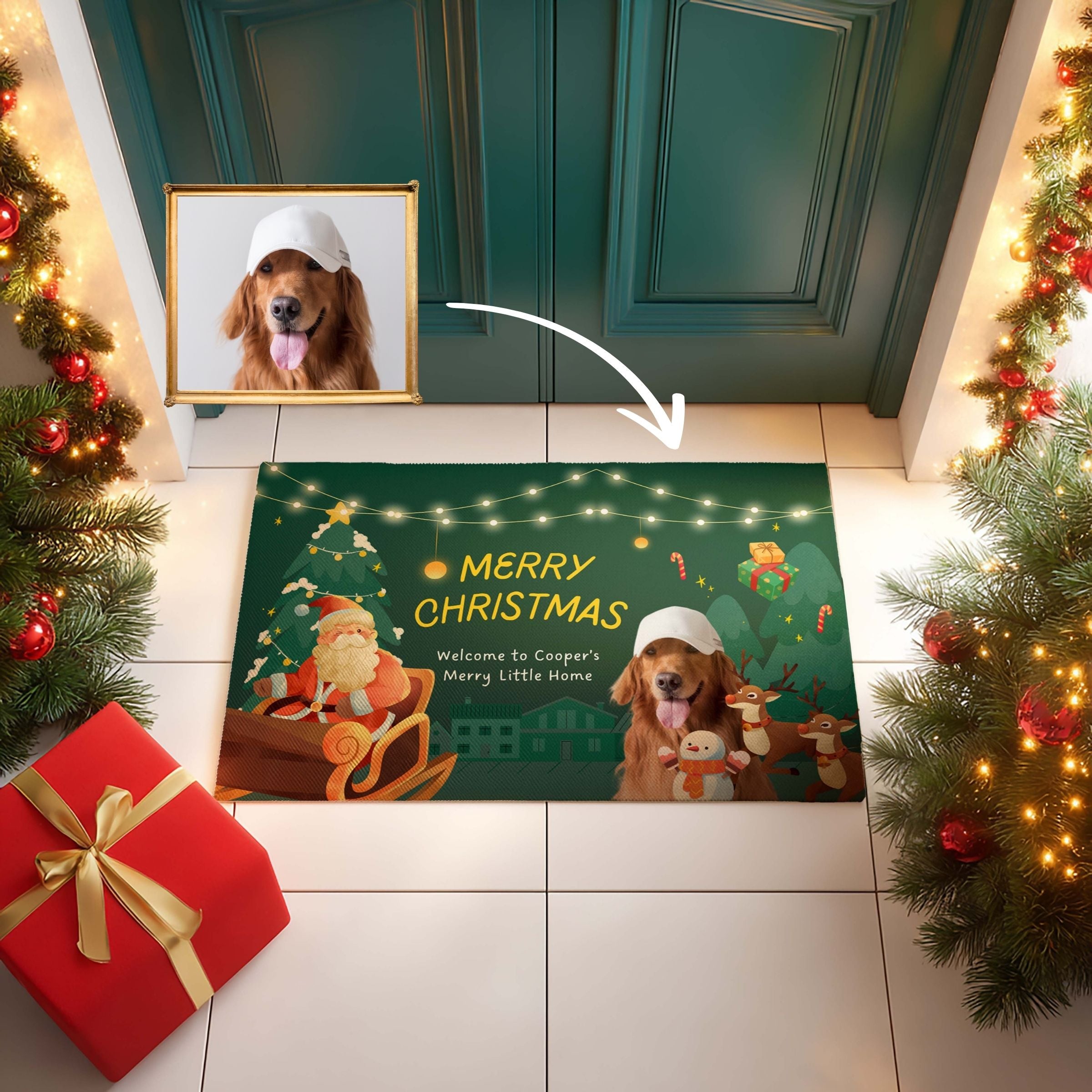 Emerald Green Custom Pet Photo Doormat - Christmas Village Scene
