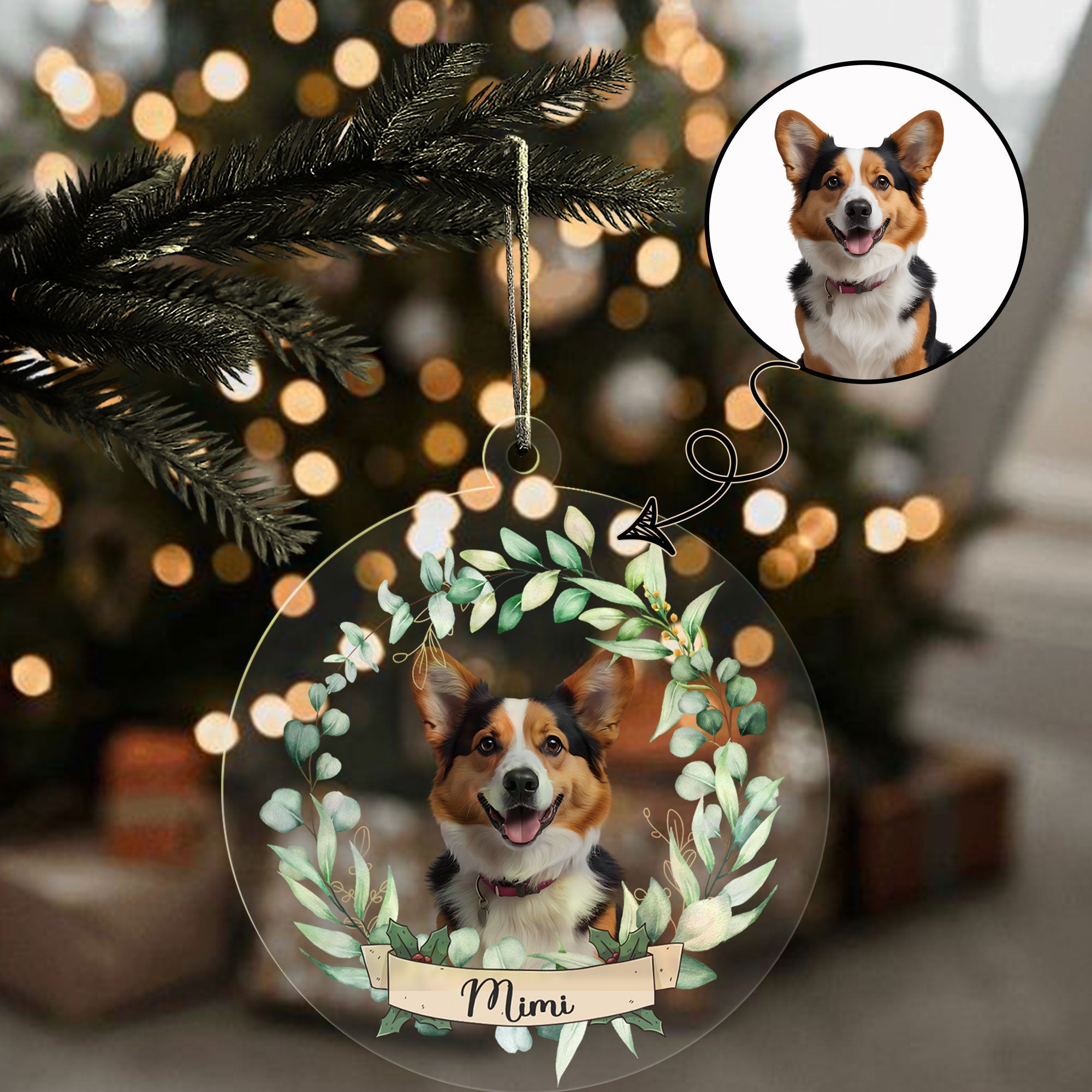 Eucalyptus Green Wreath Custom Pet Photo Christmas Ornament