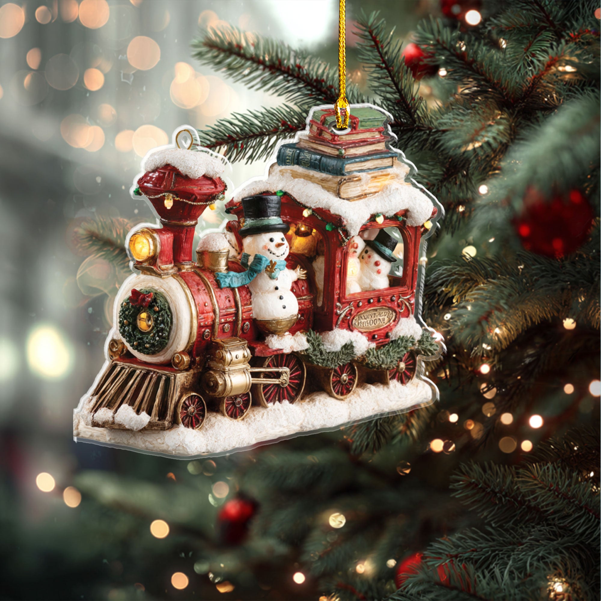 Festive Locomotive Book Stack Ornament - ORD9C001