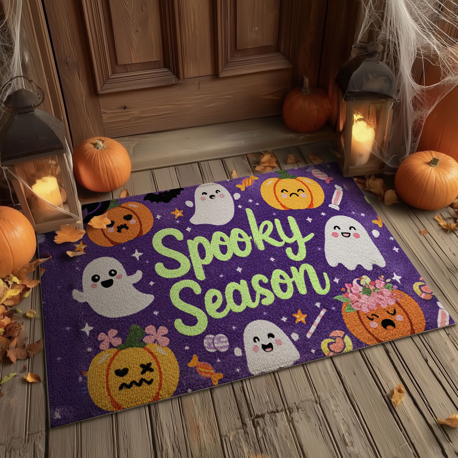 Flower Crown Pumpkin & Friendly Ghost Doormat