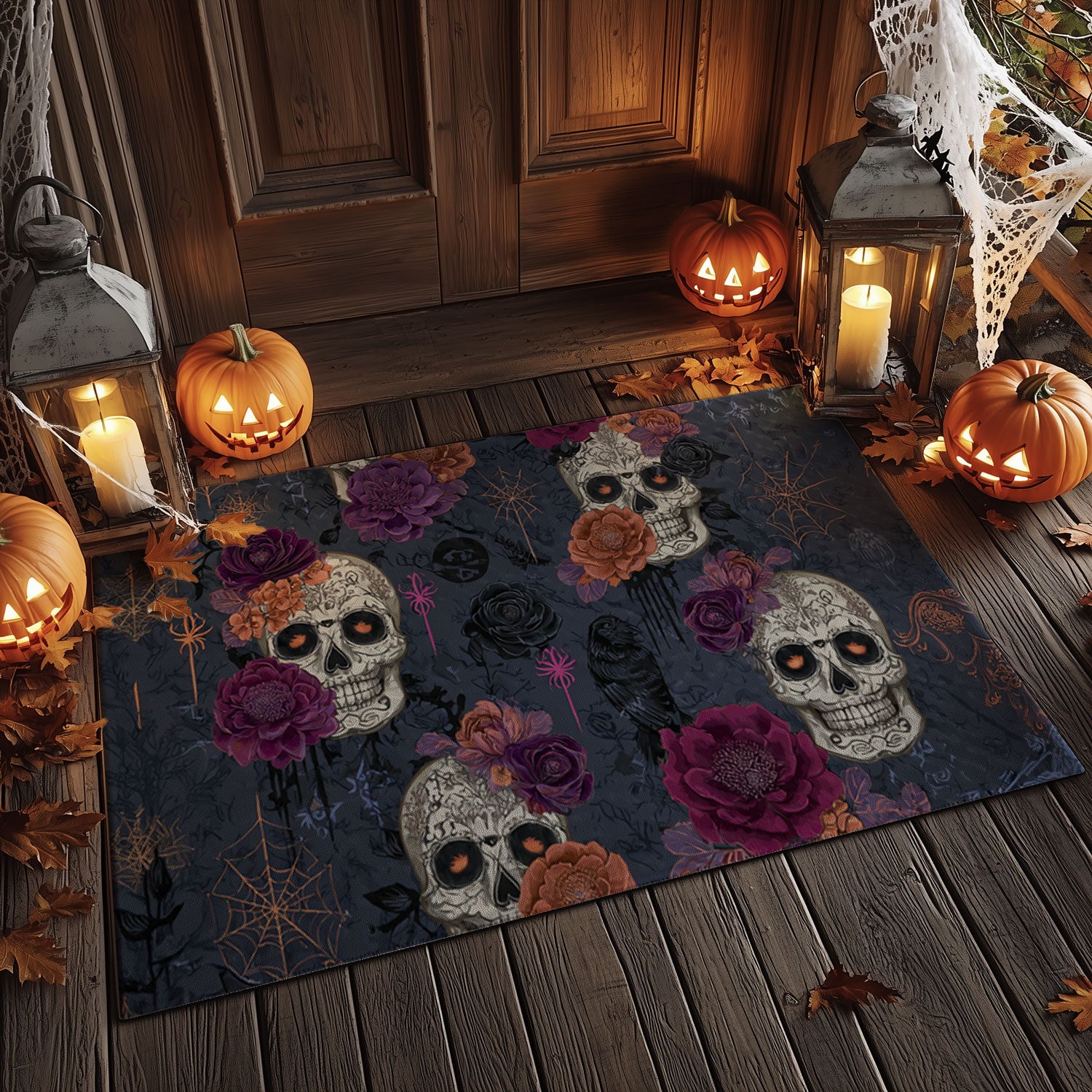 Four Floral Sugar Skulls Halloween Doormat