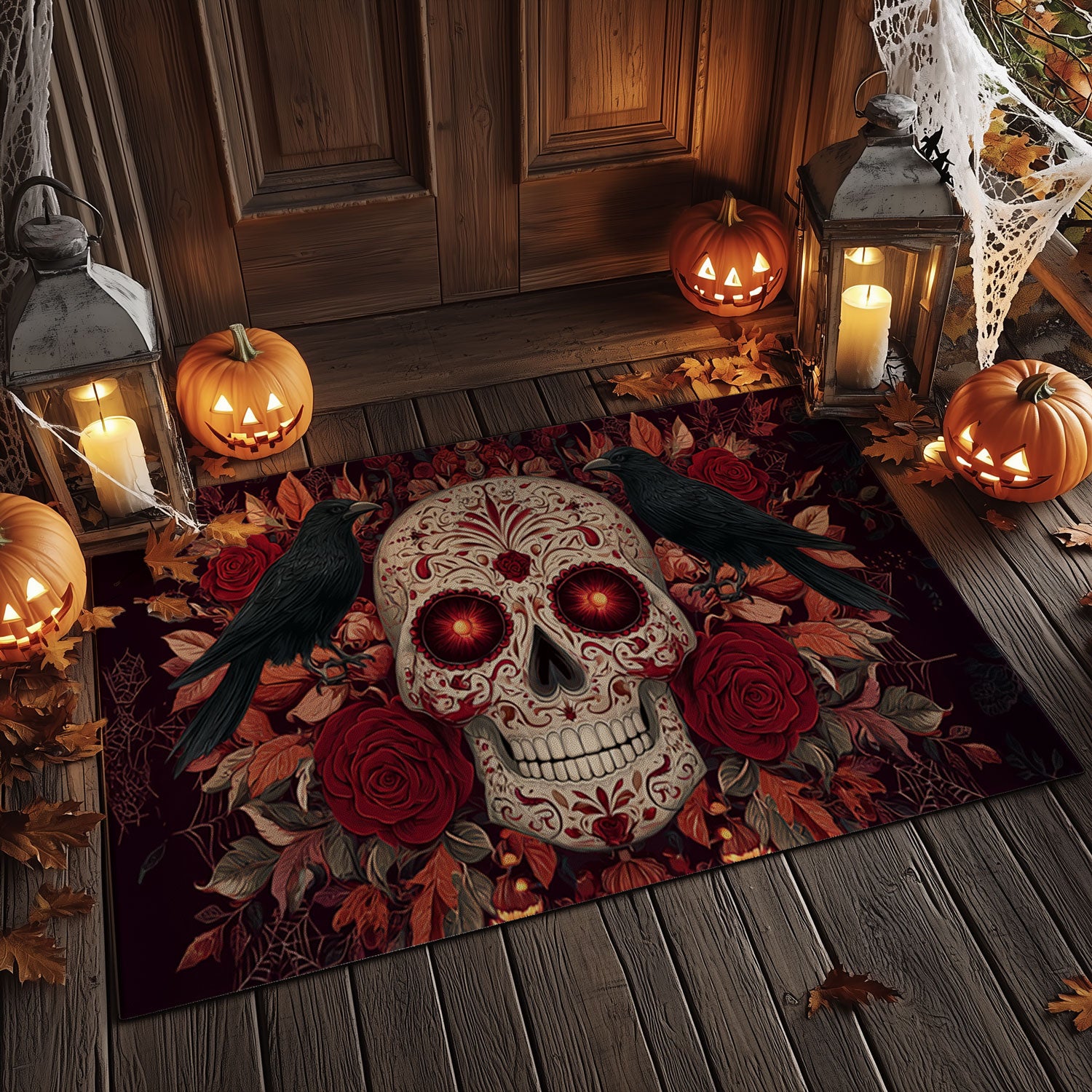 Glow Eyed Sugar Skull & Raven Doormat