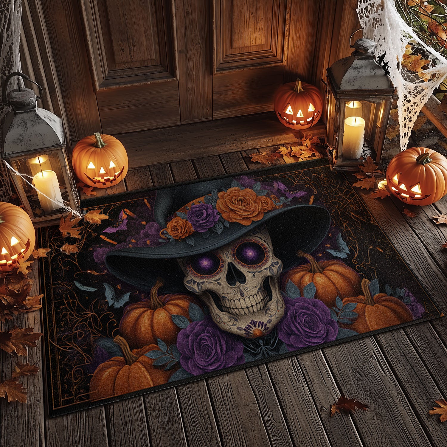 Gothic Calavera & Pumpkin Welcome Mat