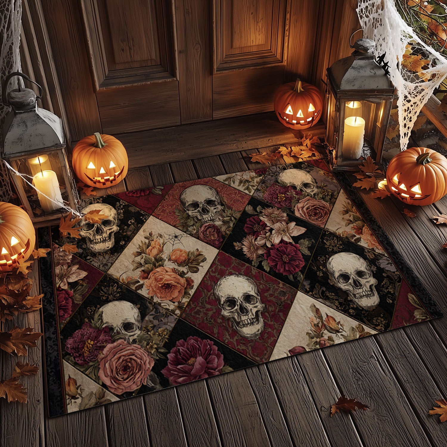 Gothic Skull & Floral Patchwork Doormat