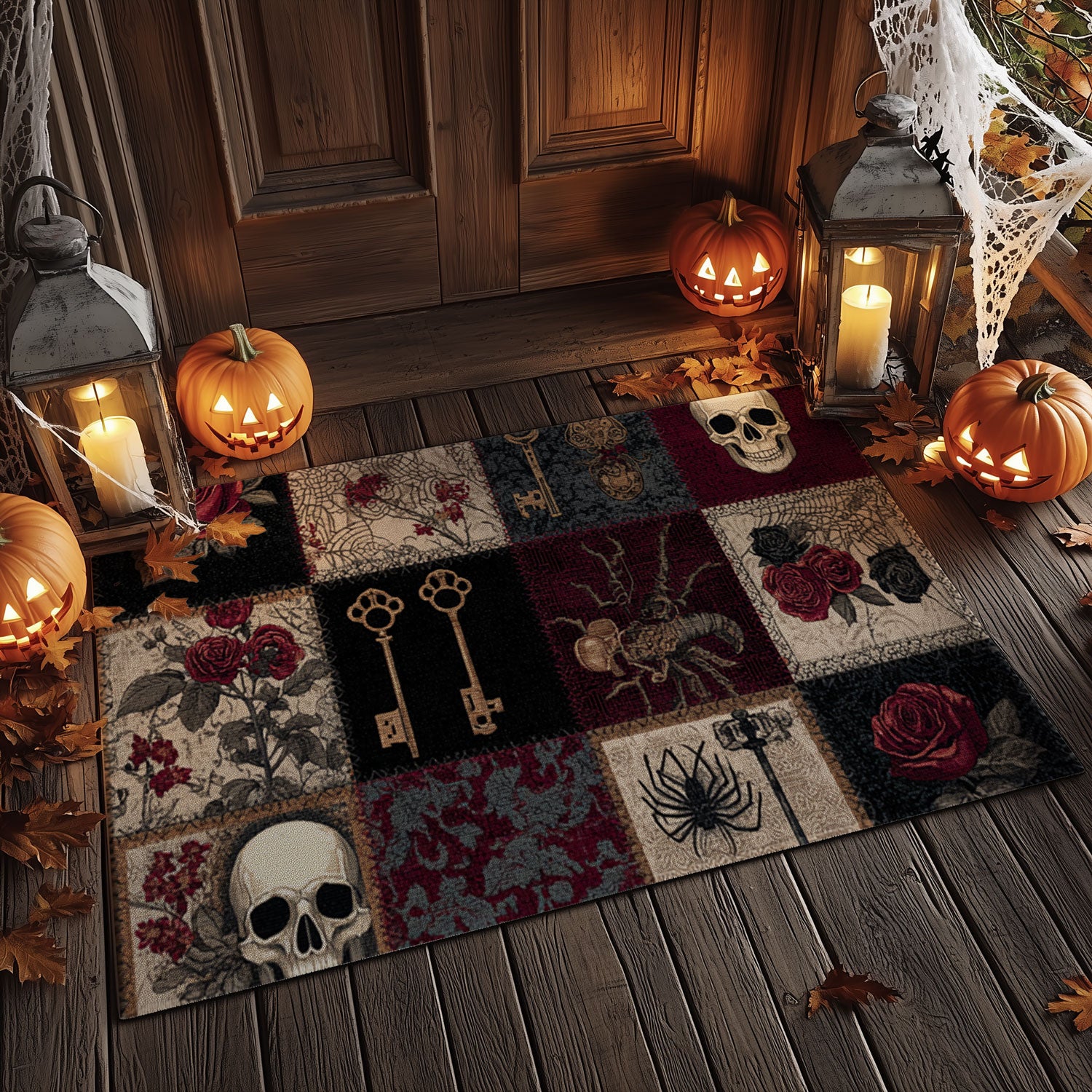 Gothic Skull & Rose Patchwork Doormat