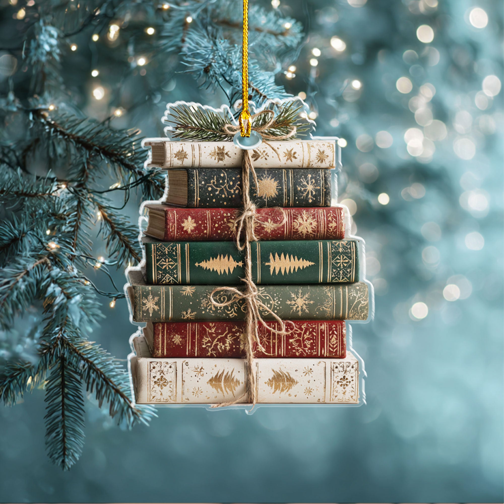 Holiday Book Pile with Twine & Pine Sprig Ornament - ORD9C001