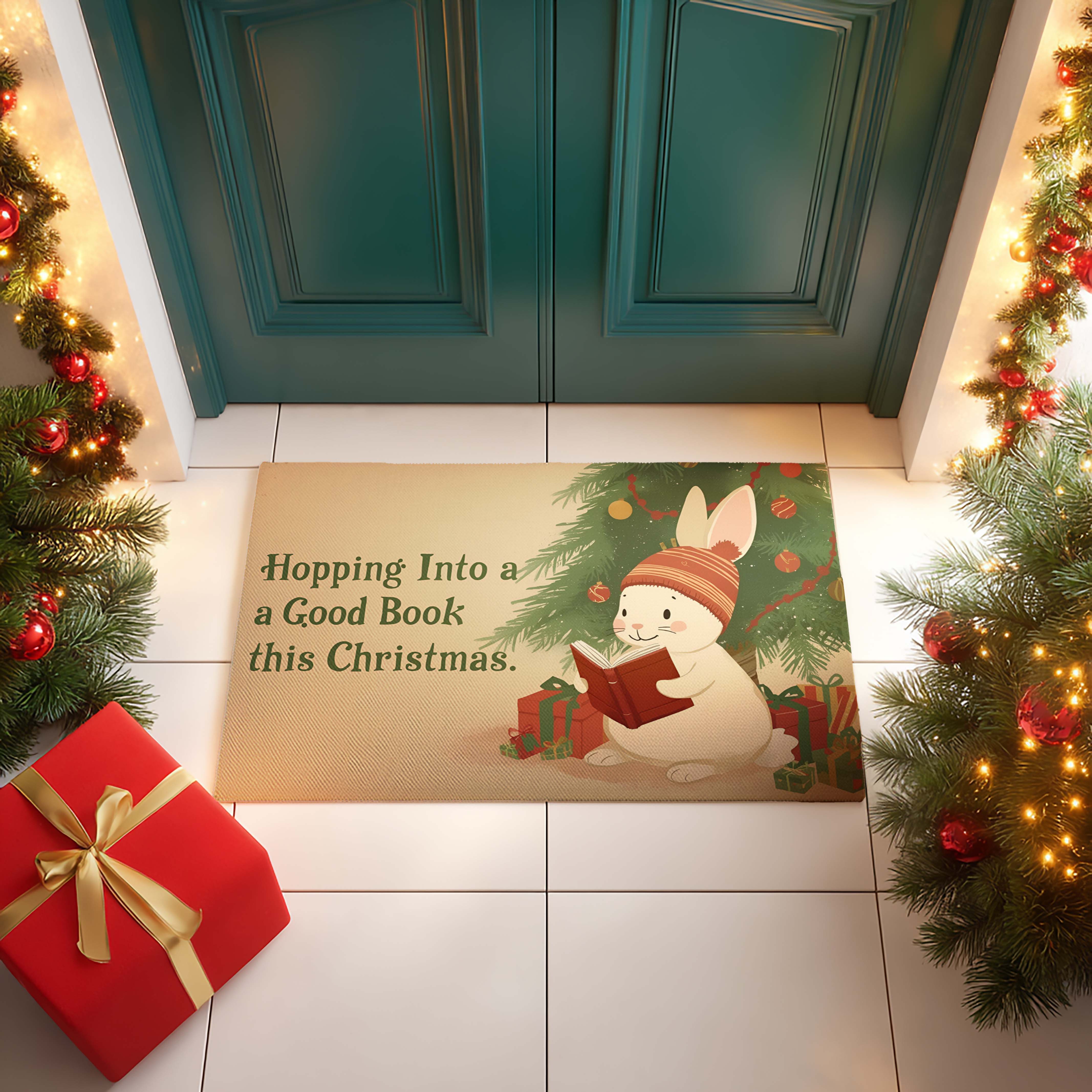 Knit Hat Bunny Reading Doormat Art - DMRC003