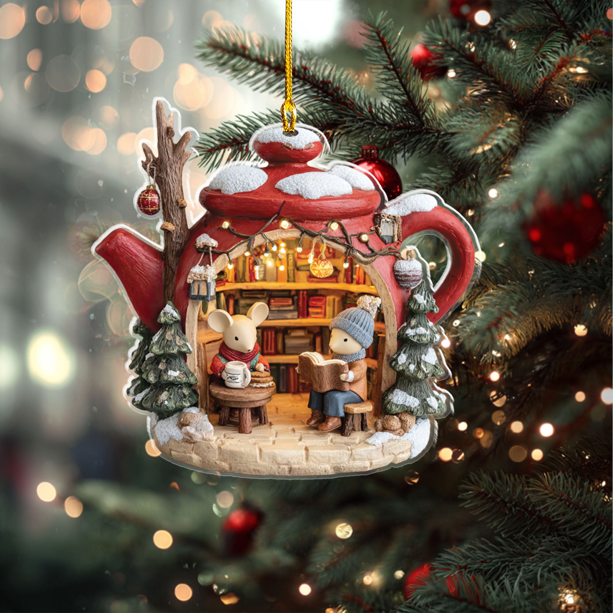 Mice Reading in a Winter Teapot House Ornament - ORD9C001