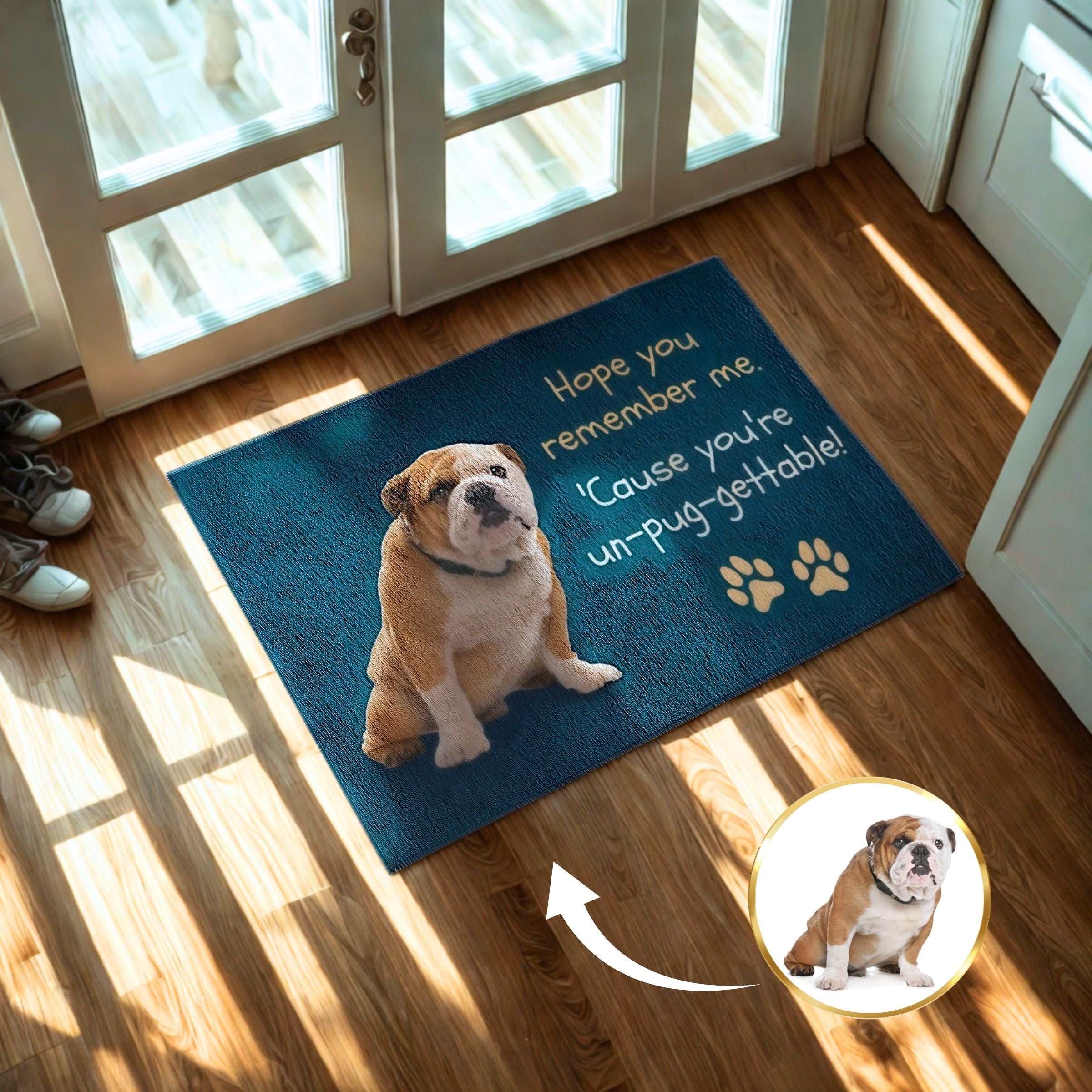 Mysterious Blue Background "Un-pug-getable" Custom Paw Mat