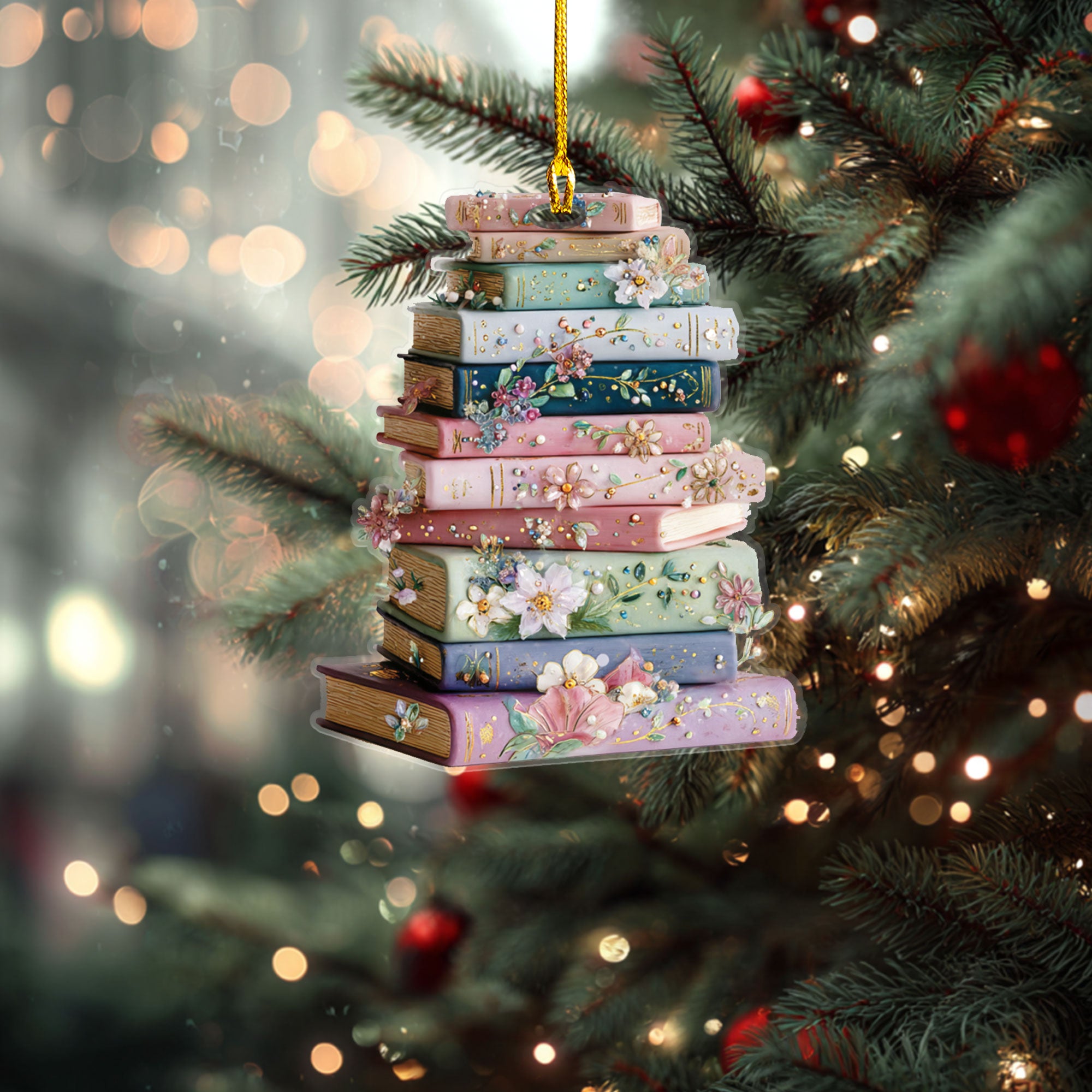 Pastel Floral Embellished Book Stack Ornament - ORD9C001