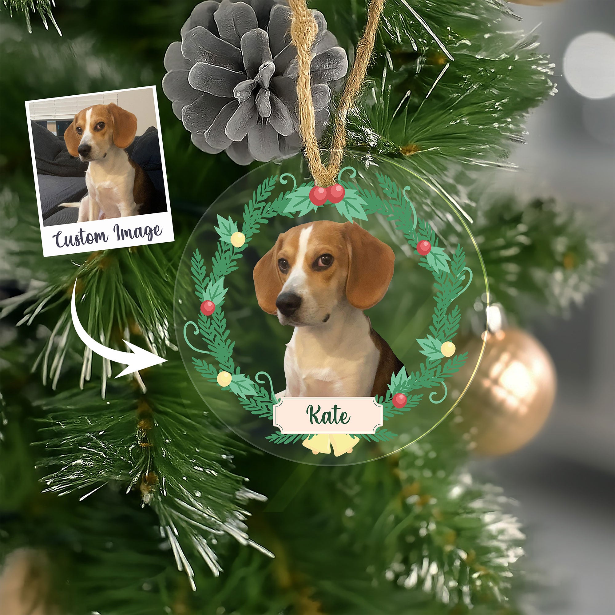 Personalized Dog Portrait Clear Ornament with Holly Wreath Frame