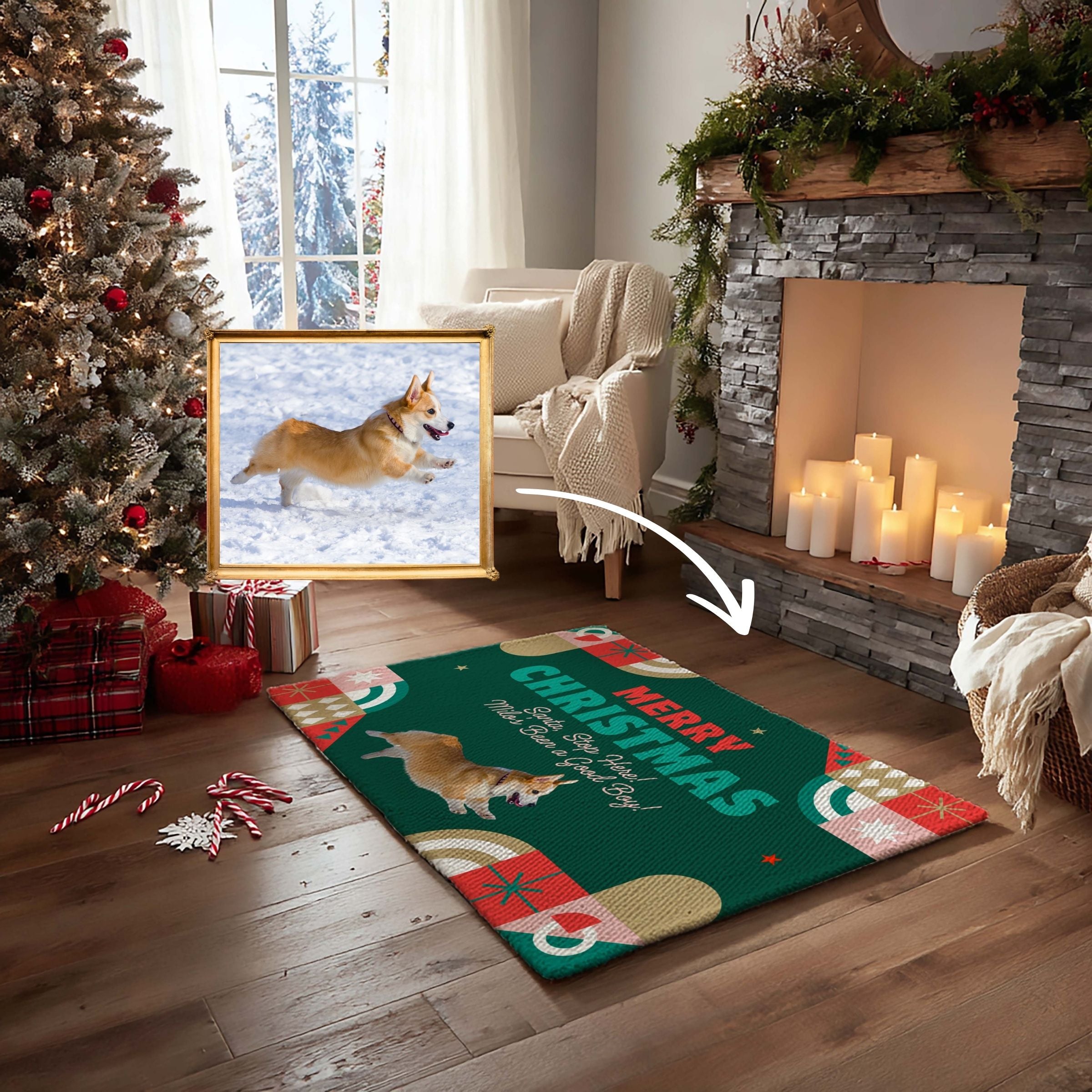 Personalized Christmas Pet Art Doormat - Modern Geometric Frame