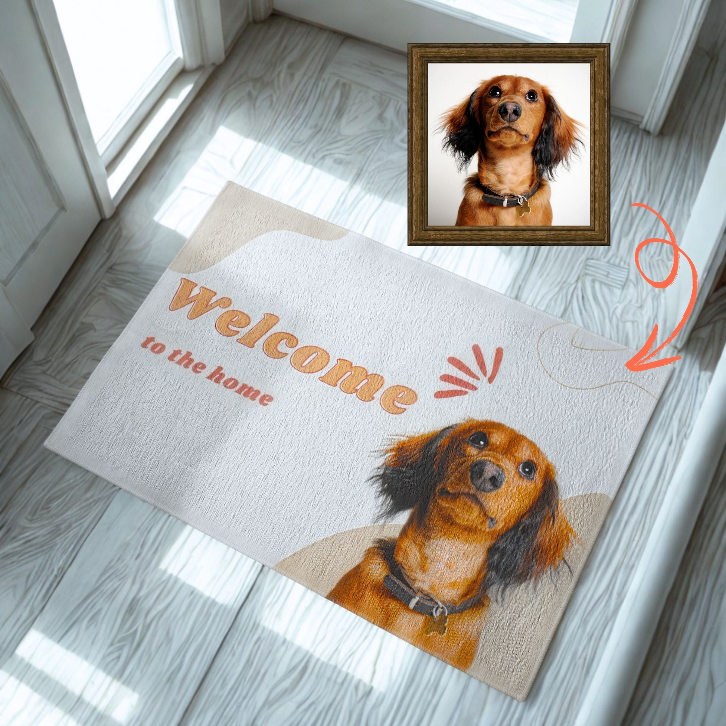 Personalized Dog Mat - Beige & Burnt Orange Shapes