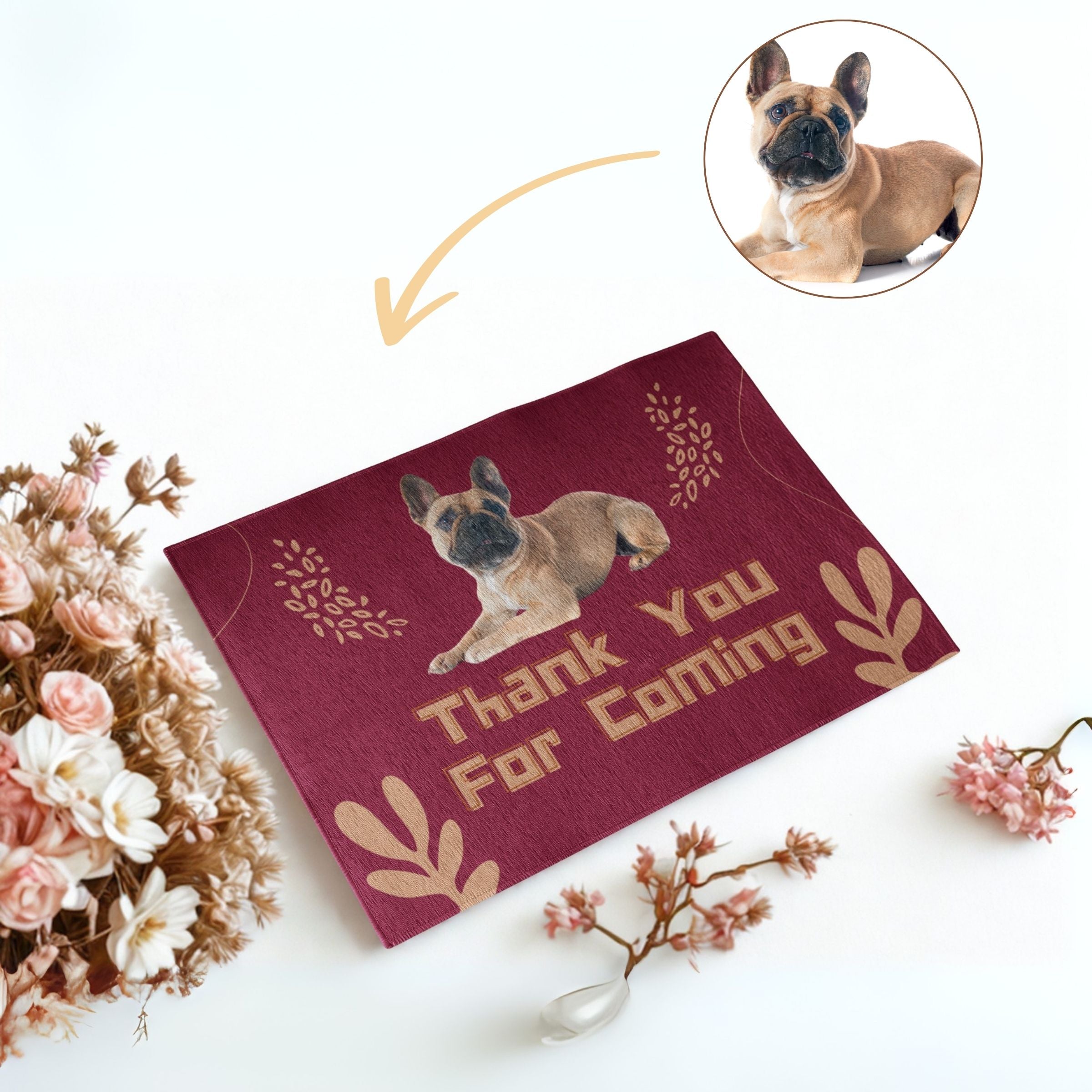 Personalized Dog Mat - Bordeaux & Gold Leaf Design