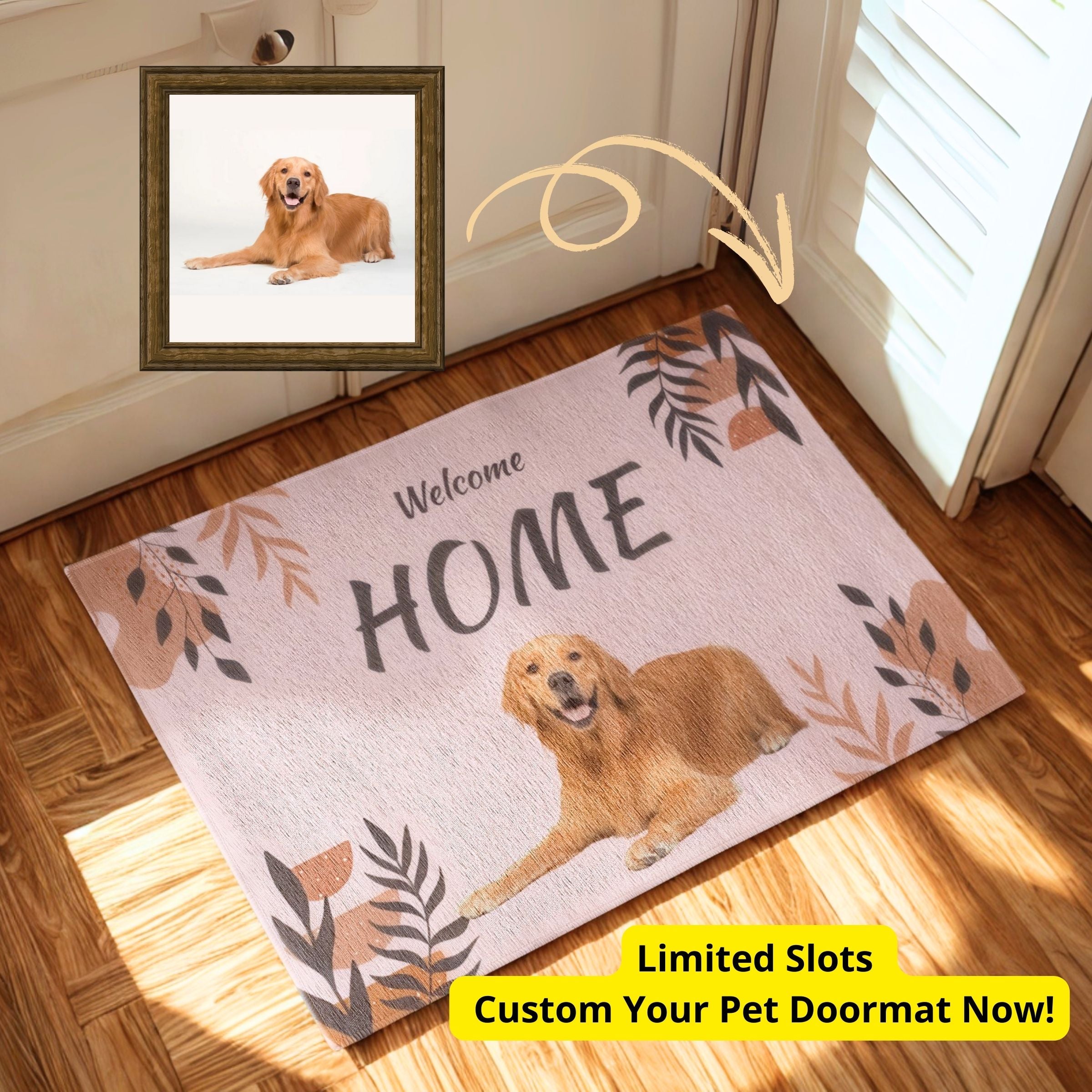 Personalized Dog Mat - Pastel Pink & Earthy Leaves