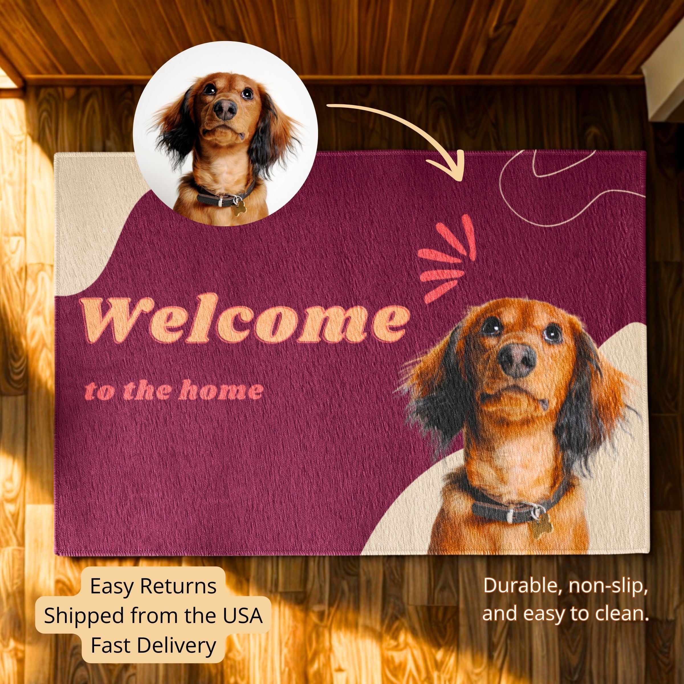 Personalized Dog Mat - Wine Red & Orange Shapes