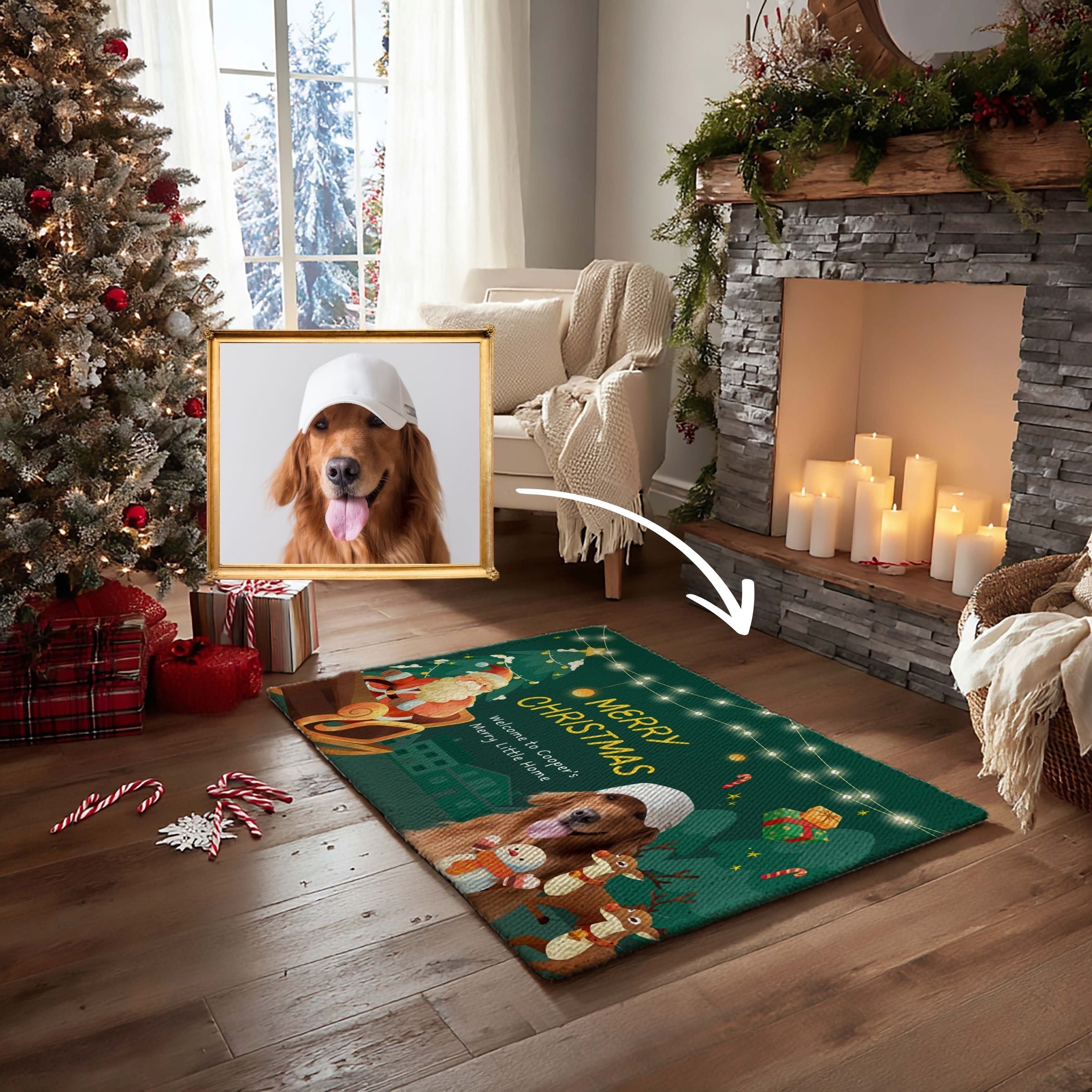 Emerald Green Custom Pet Photo Doormat - Christmas Village Scene