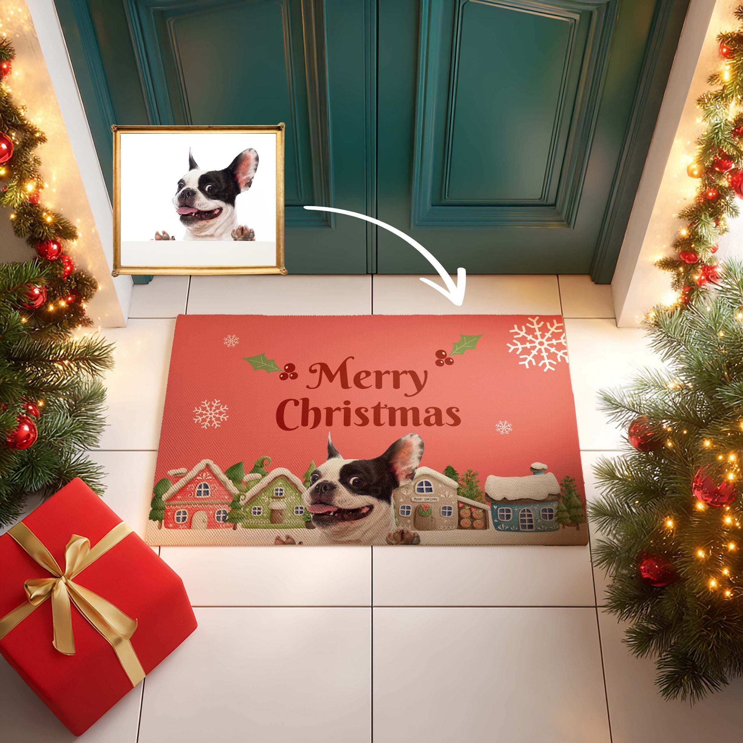 Personalized Pet Photo Entry Mat - Vintage Holiday Town & Snowflakes