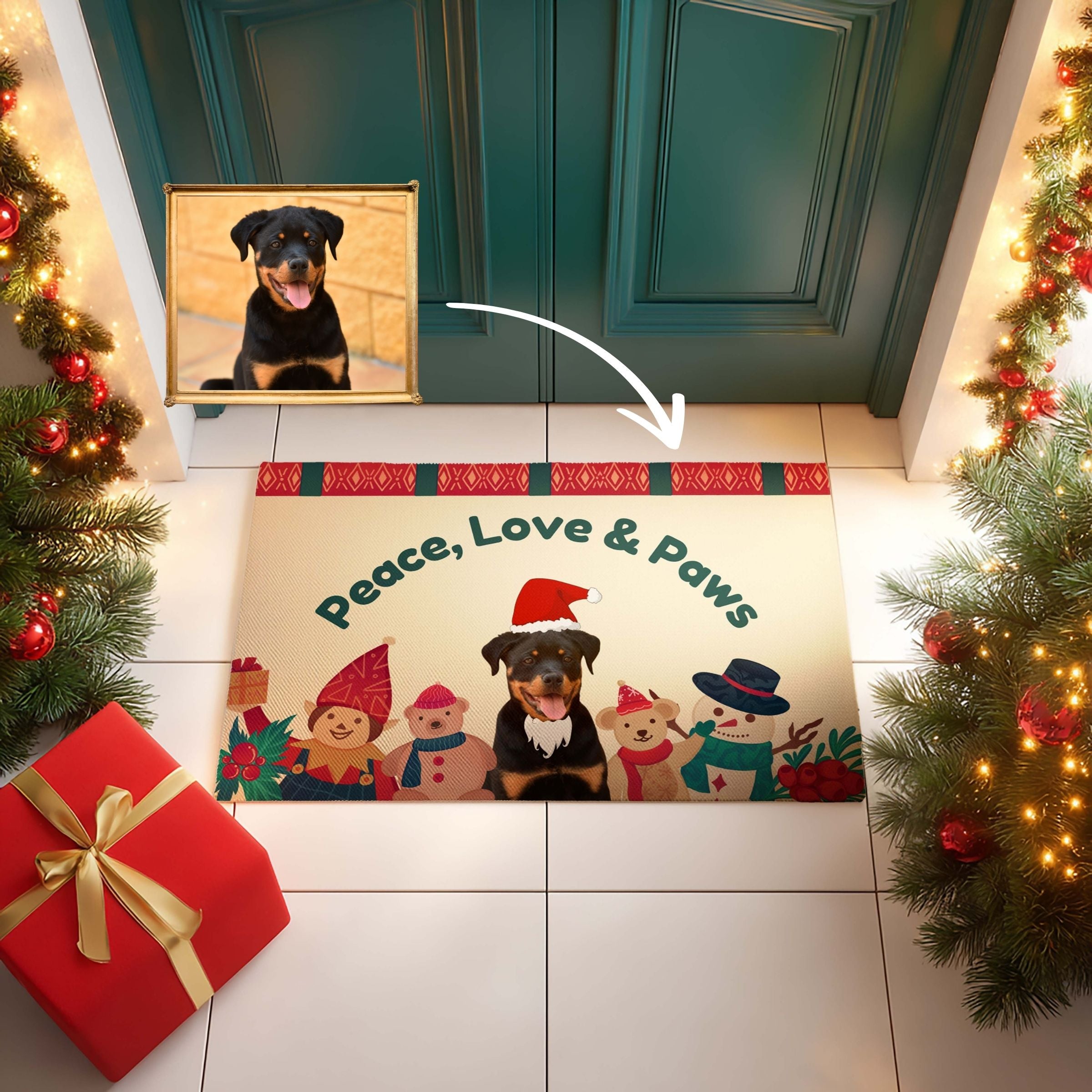 Personalized Pet Photo Entry Mat - With Holiday Friends & Toys