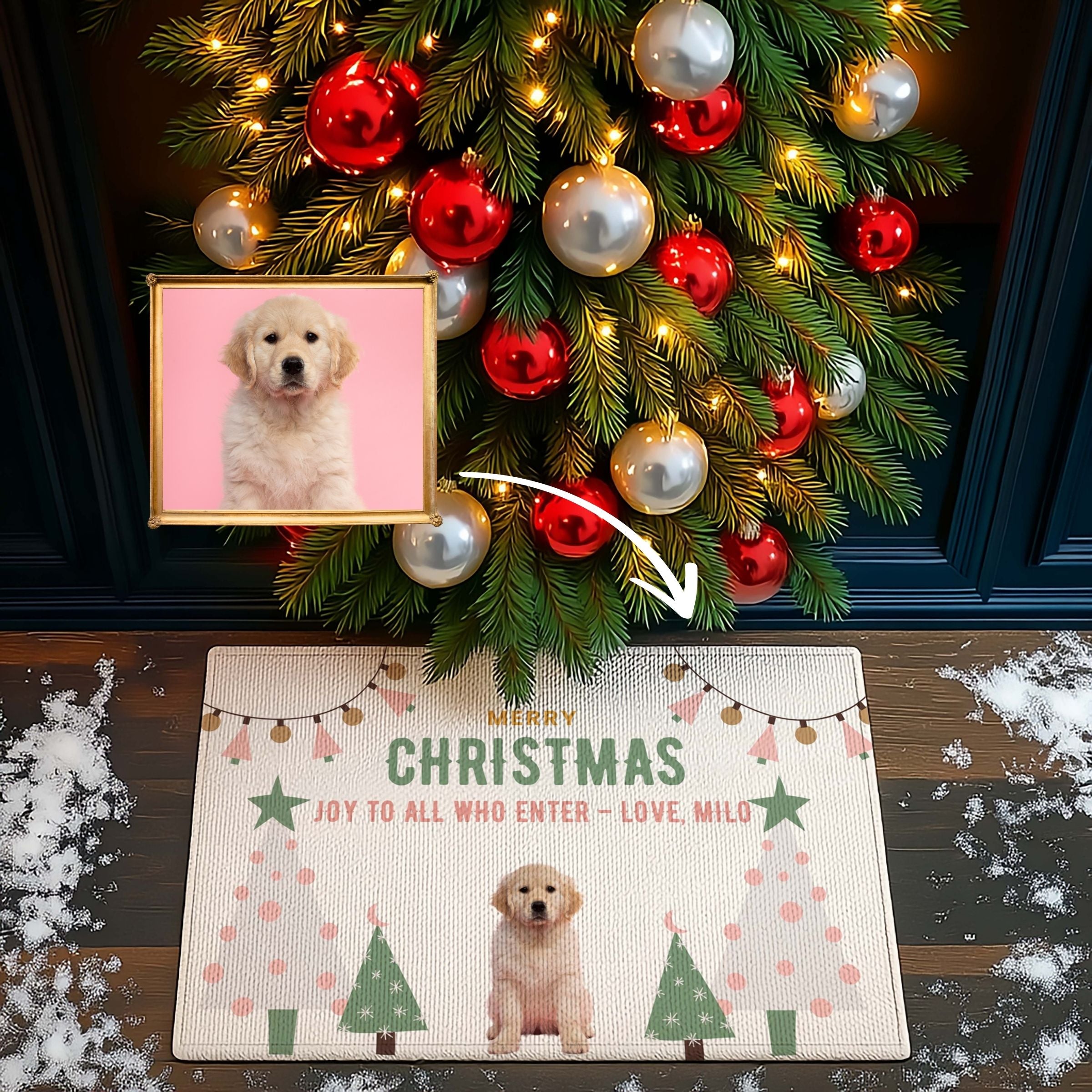 Personalized Pet Portrait Welcome Mat - Joy to All Who Enter Edition