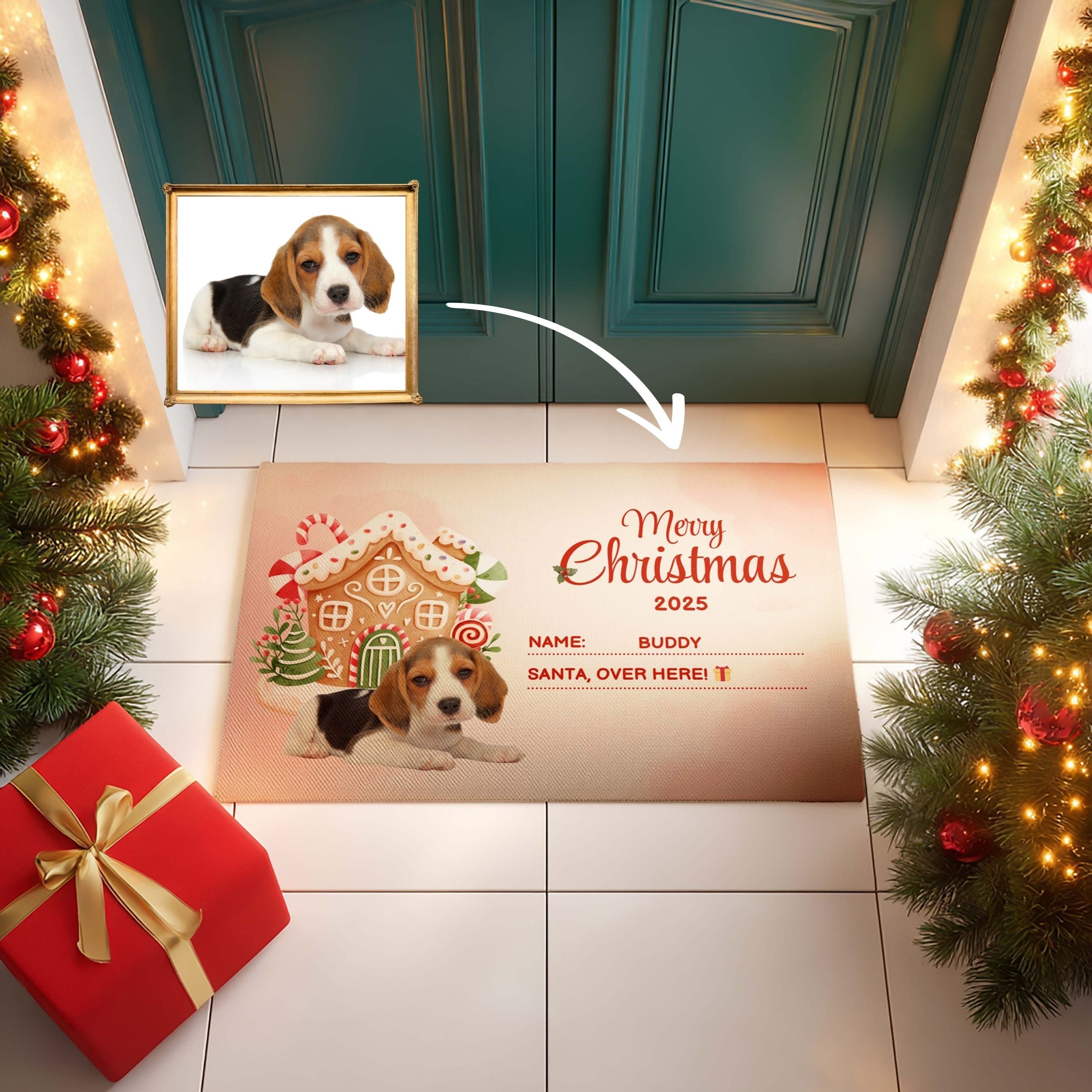 Personalized Pet Portrait Welcome Mat - Santa, Over Here! Wish List