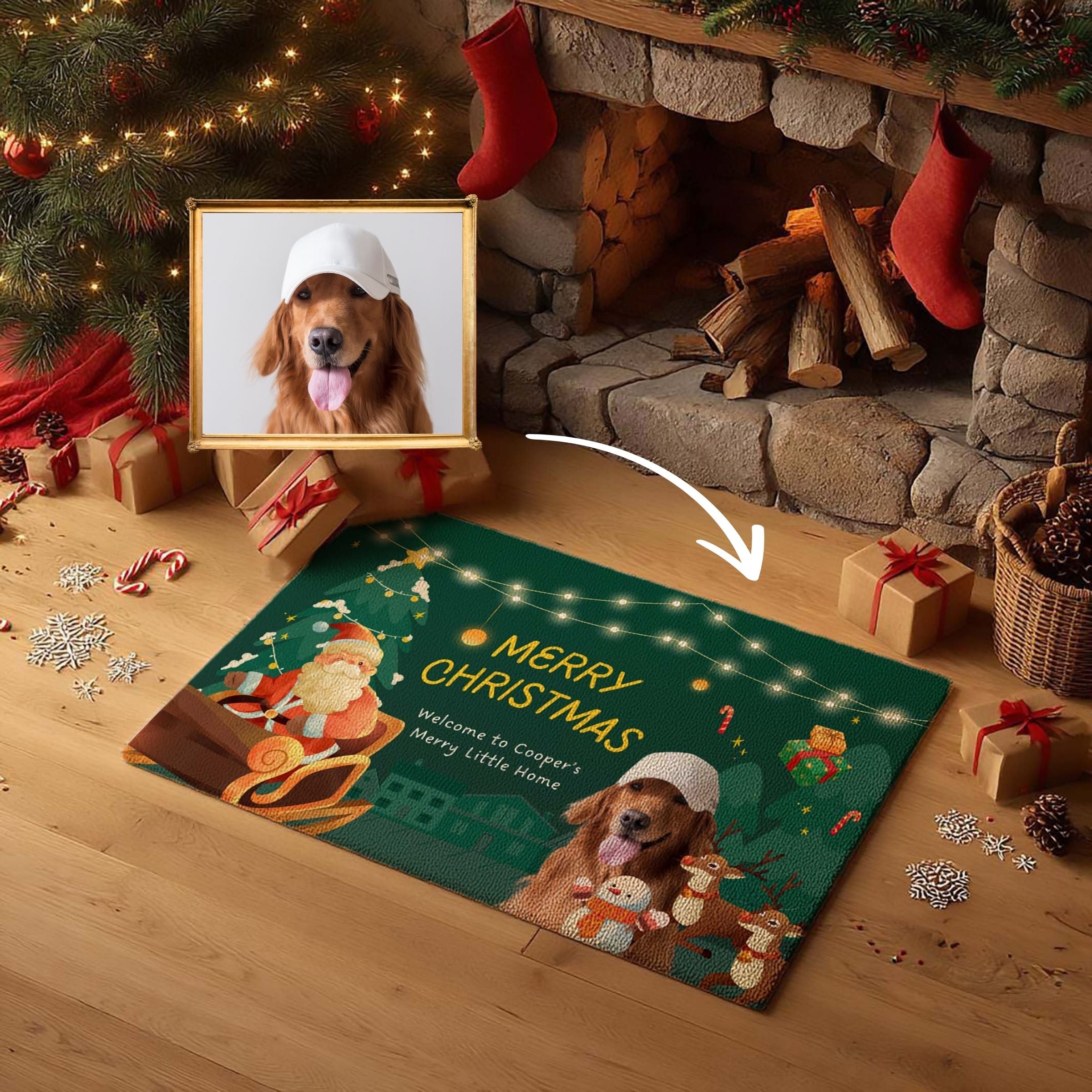 Emerald Green Custom Pet Photo Doormat - Christmas Village Scene