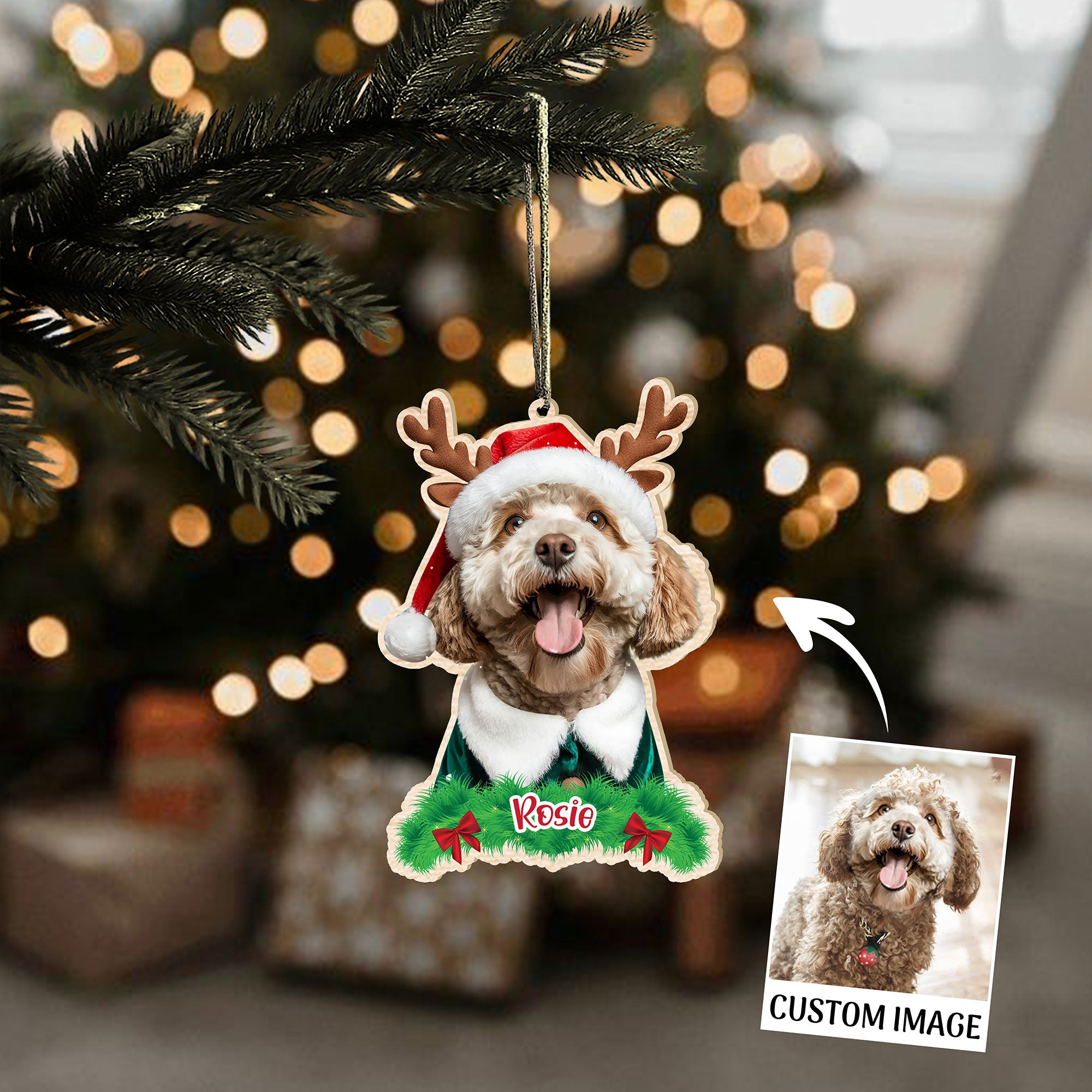 Pet Christmas Ornament with Antlers and Wreath Name Tag