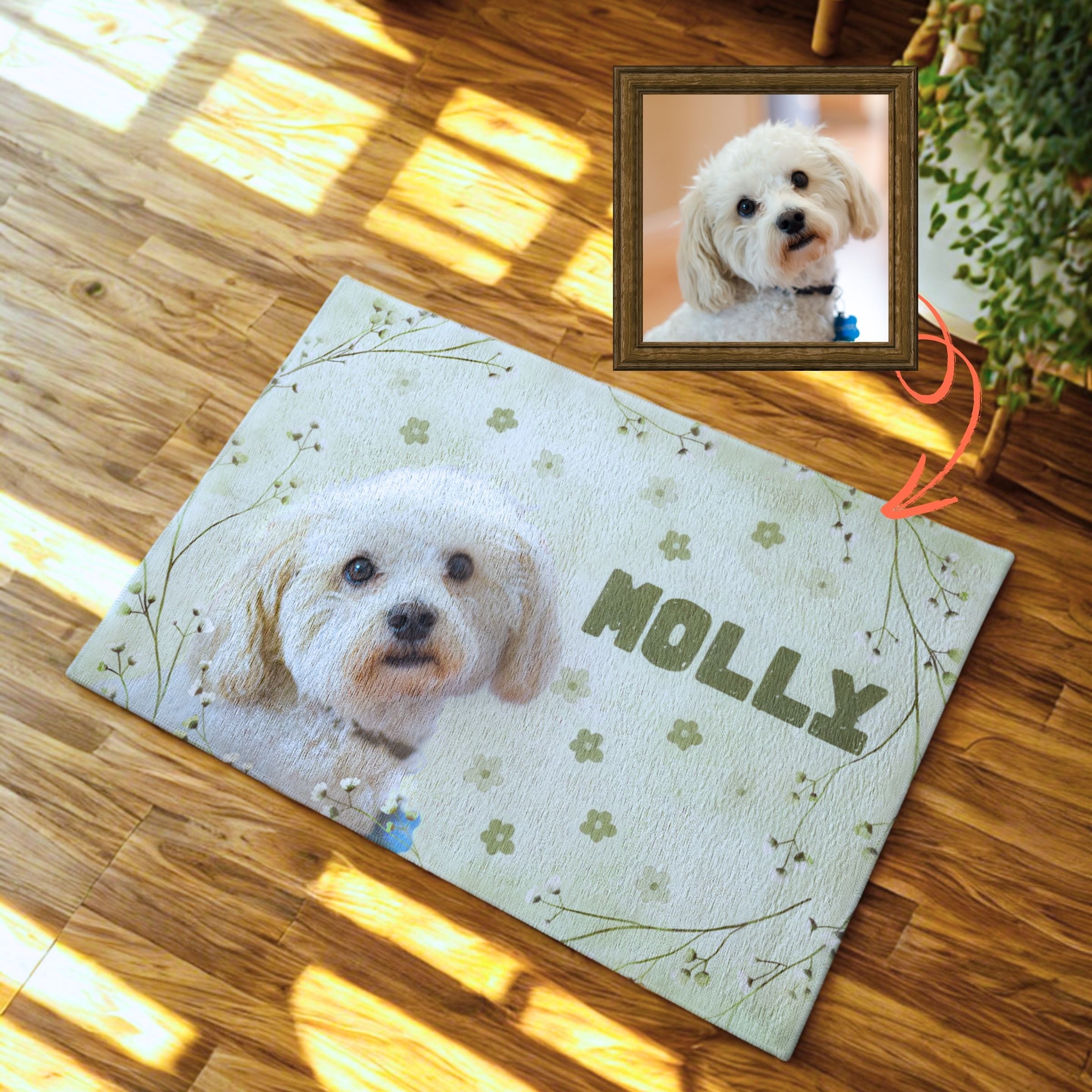 Pet Mat with Name - Soft Green & White Flowers