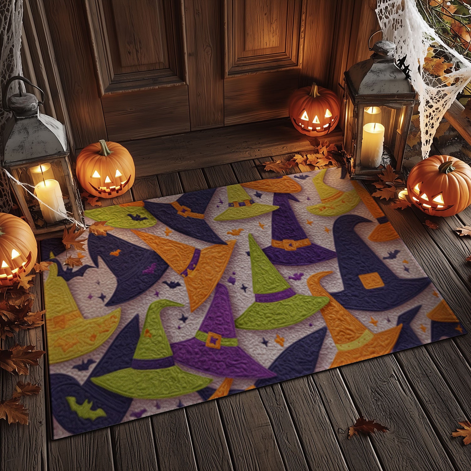 Purple & Orange Spooky Hat Welcome Mat