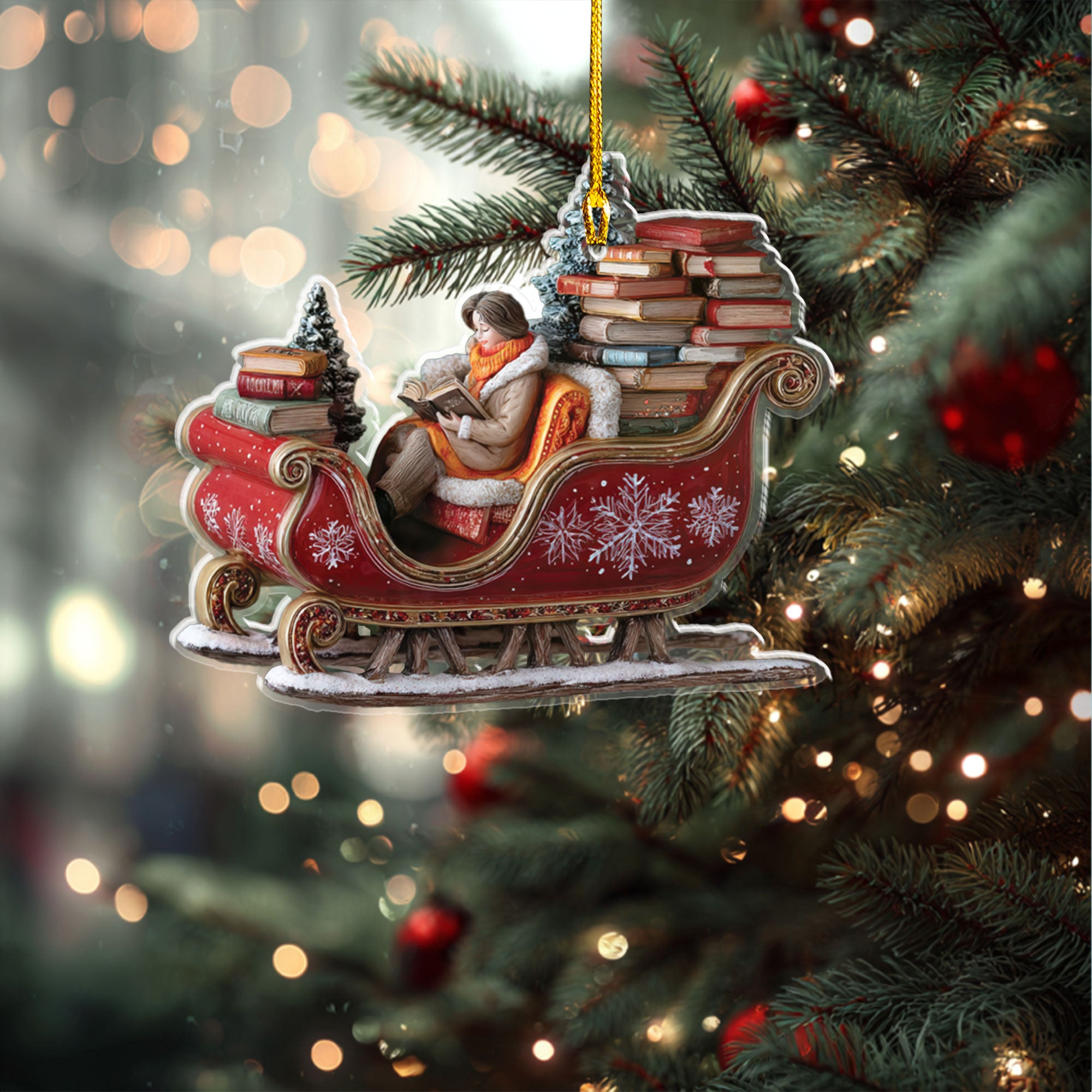 Red Sleigh with Books & Girl Reading Ornament - ORD9C001